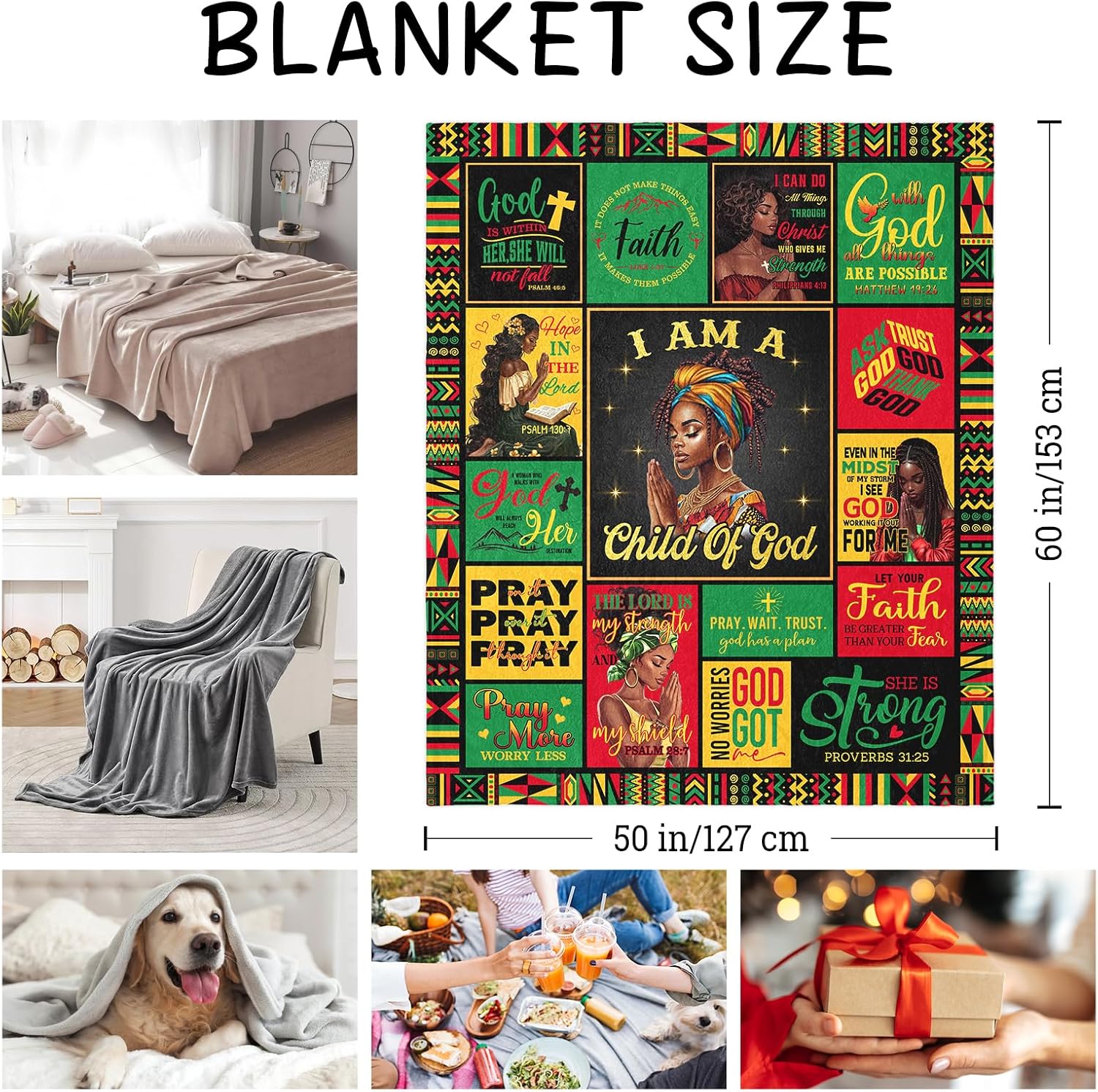 African American Christian Gifts for Women Blanket 60"x50", Spiritual Gifts, Inspirational Bible Verse Prayer Quilt, Religious Gift Ideas for Birthday Mothers Day Christmas