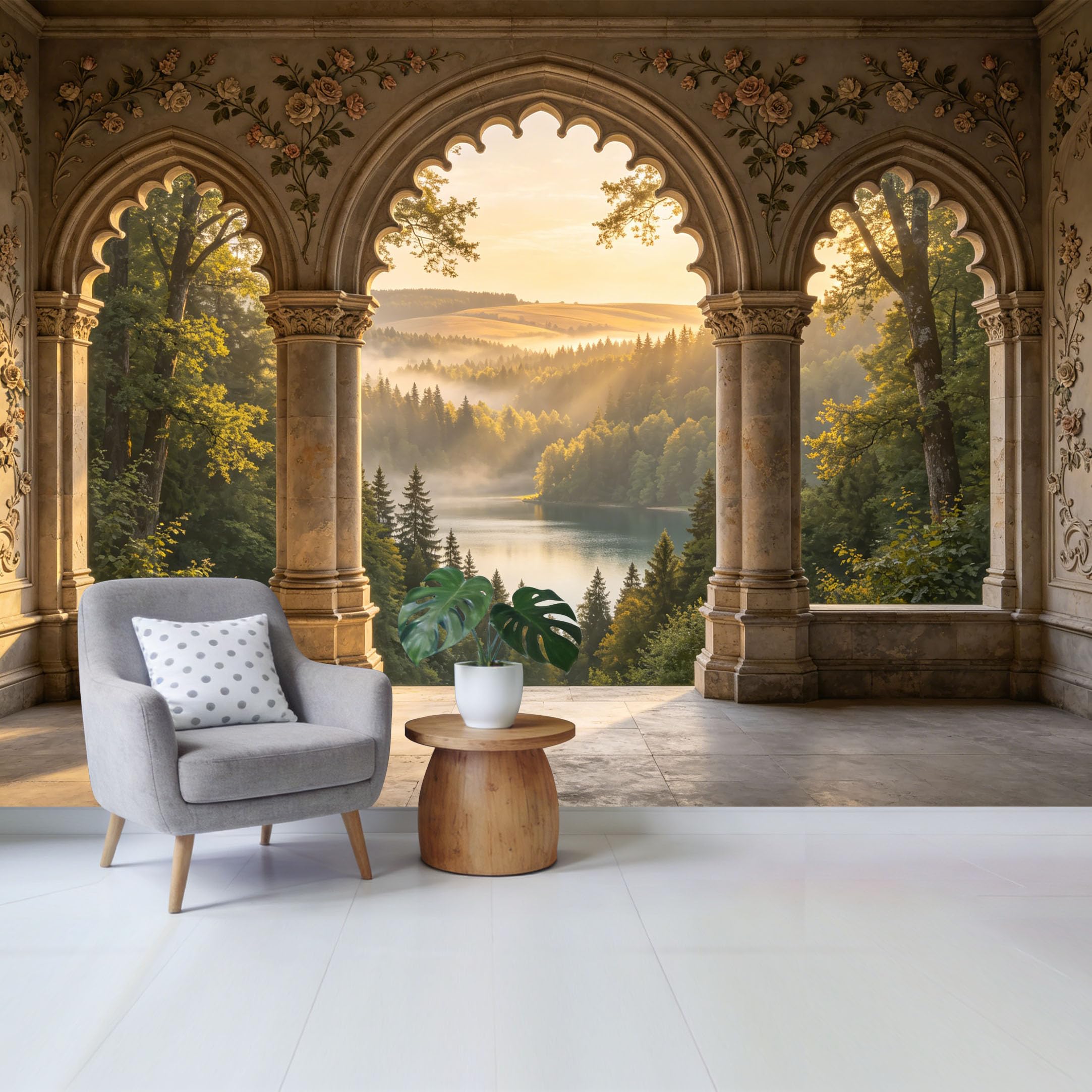 Removable Self Adhesive Fabric Mural， Neoclassical Archway Forest Lake Landscape Custom Size Wall Covering， UV Protected Waterproof Washable Wall Decor for Living Room Bedroom Bathroom