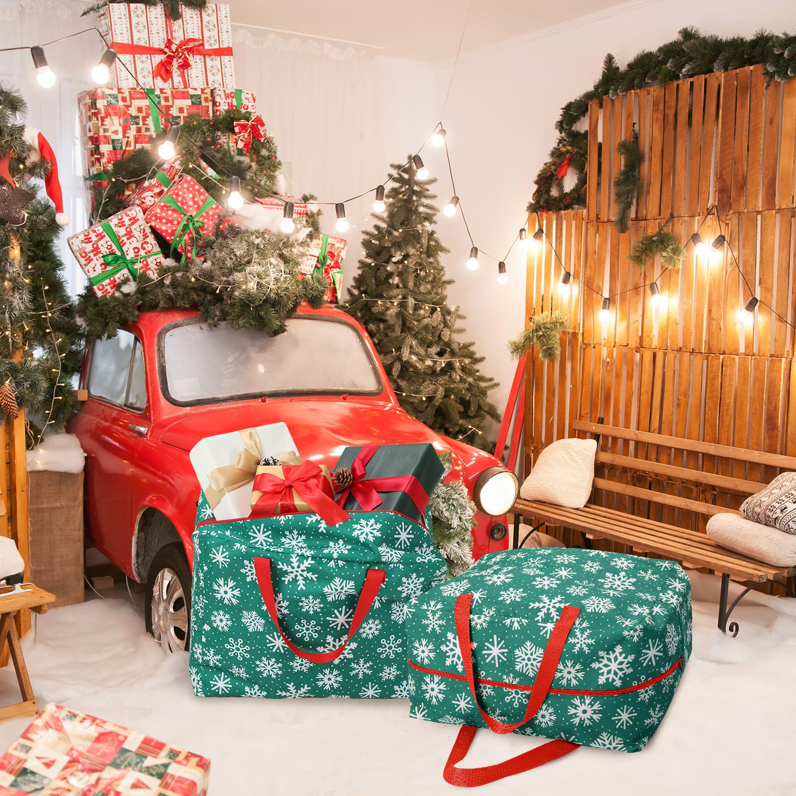 Kajaia 2 contenitori per ornamenti natalizi, 45 x 38 x 25 cm, con fiocco di neve, accessori natalizi, a prova di strappo, organizer con manici, cerniera a tutta lunghezza (verde)