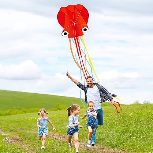 Miniatura 5 de Cometas grandes de pulpo, cometas de playa fáciles de volar para adultos y niños, actividades de juego al aire libre (rojo)