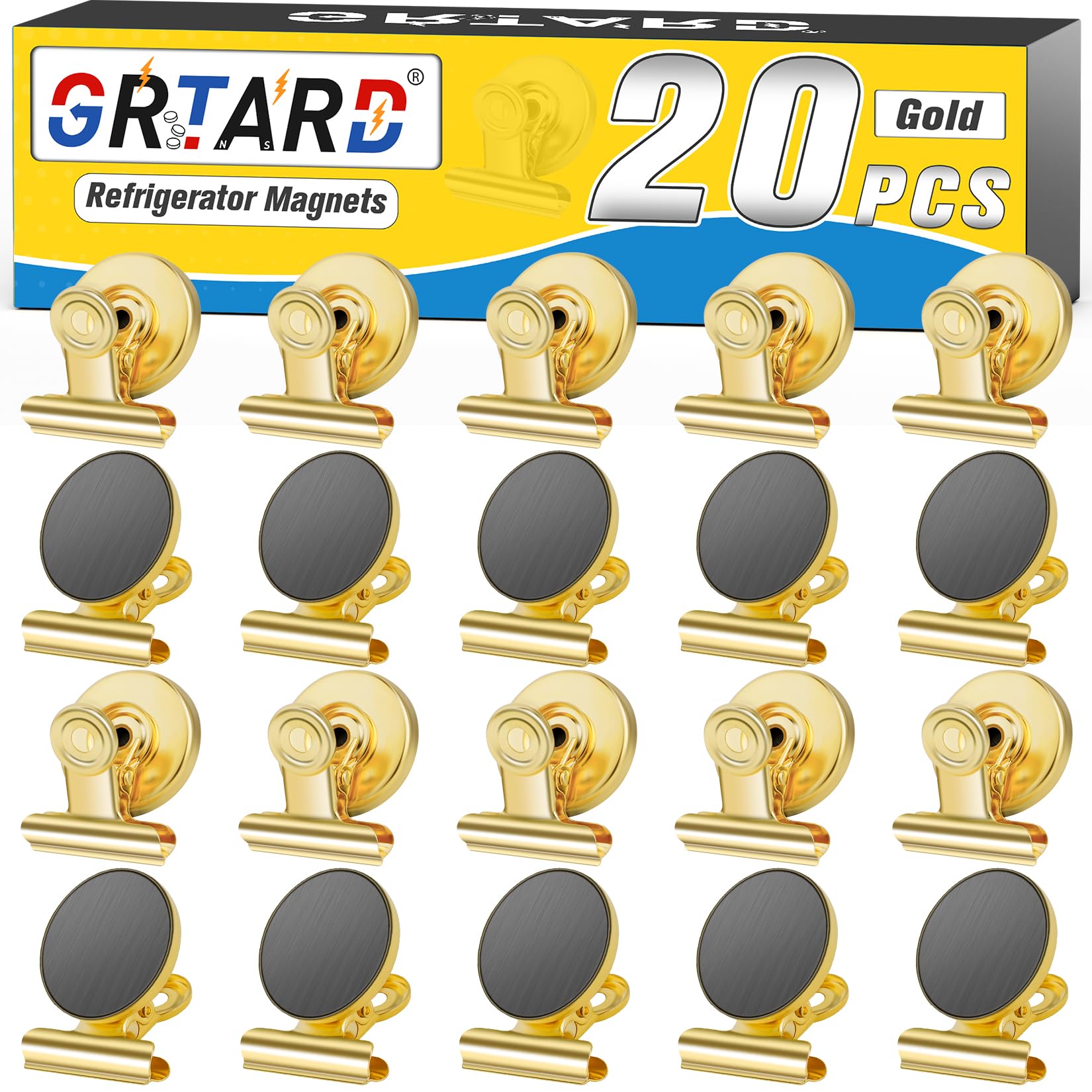 Grtard 20 Pack Magnetic Clips, Strong Heavy Duty Clips Magnet, Whiteboard Magnets Clip, Refrigerator Magnet Clips, Non-Scratch Metal Magnet Clips for Refrigerator, Whiteboard, Locker