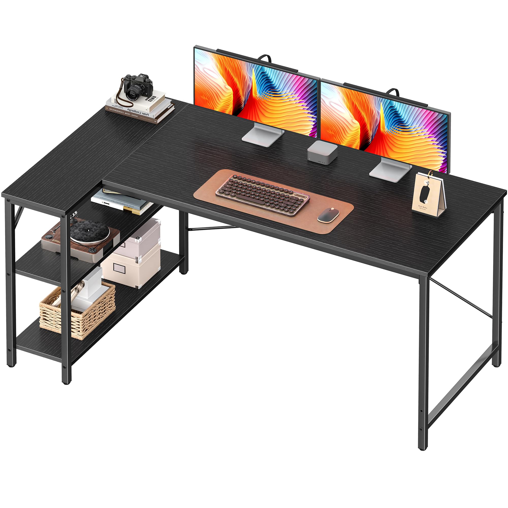 Huuger L Shaped Desk, 55 Inches Computer Desk with Reversible Storage Shelves, for Gaming Corner Home Office Writing Study, Metal Frame, Black
