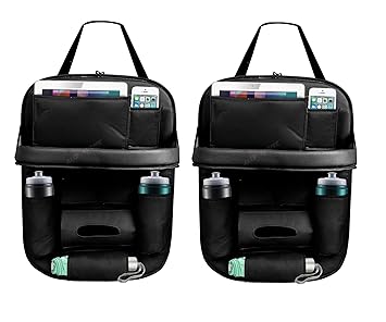 EYUVAA LABEL 2 Pack Universal PU Leather Auto Car Seat Back Organizer with Foldable Dining Table Tray, Multipocket Storage Tablet, Bottle and Tissue Paper Holder (Black)