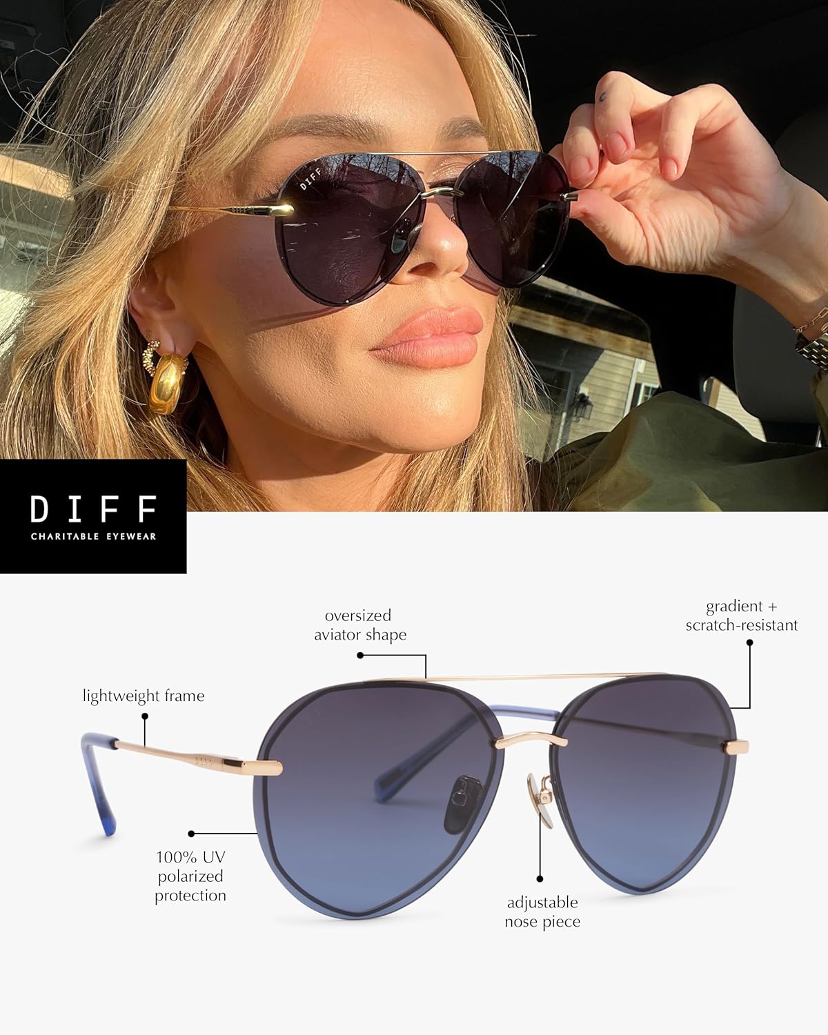 DIFF Lenox Polarized Designer Oversized Aviator Sunglasses for Women UV400 Protection, Gold Stainless Steel Frames - Image 3