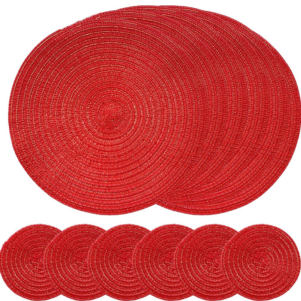 SCF2017 Round Woven Cotton Placemats, Heat Resistant 30cm Table Mats and 11cm Coasters,Set of 6,Red
