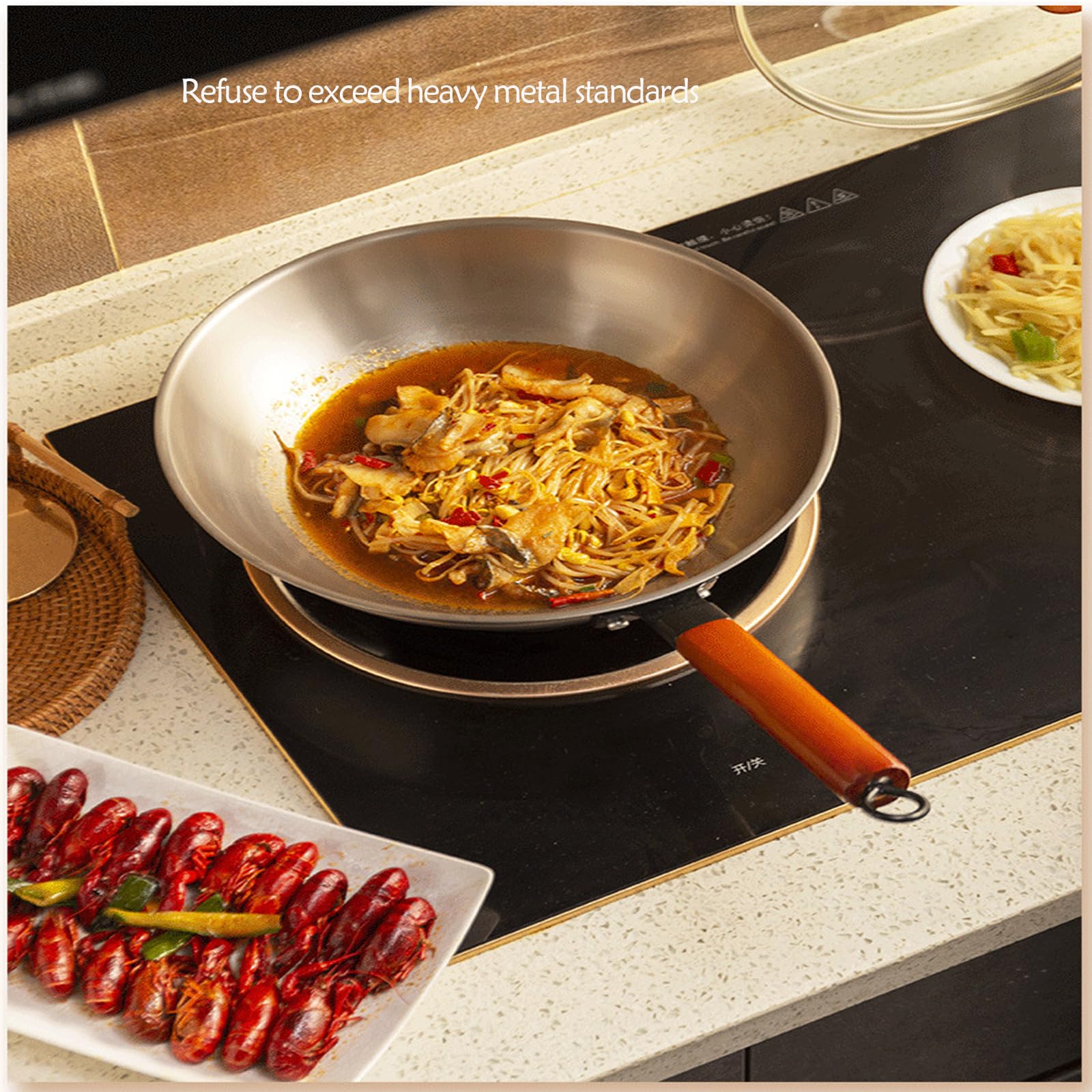Sartenes Wok Con Tapa, Sartén Grande De Aleación De Titanio, Woks Para Freír De Cocción Por Inducción Sin Recubrimiento Químico, Agarre Cómodo, Duradero Y Resistente A Los Arañazos, Para Inducción, E