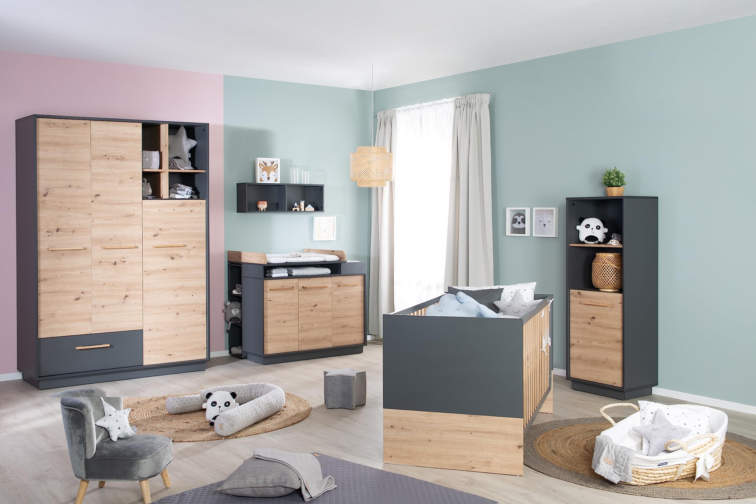 roba Kinderzimmerset Lenn – 3-teilig (Kombi-Kinderbett 70x140, Wickelkommode breit, Dreitüriger Kleiderschrank) – Anthrazit, Dekor Artisan Eiche