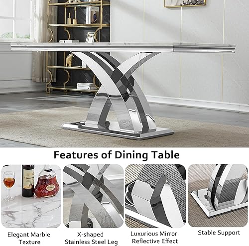 Miniatura 5 de Juego de mesa de comedor de mármol sintético blanco plateado de 70 pulgadas para 4, juego de mesa rectangular moderna de 5 piezas con patas de acero