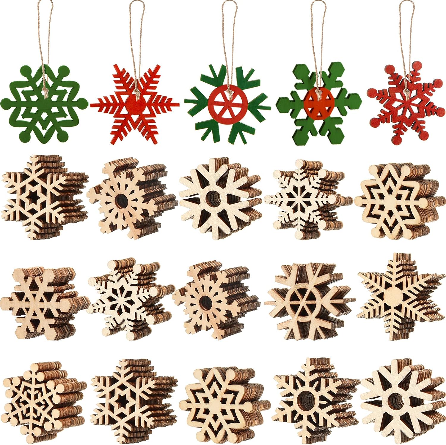 100 Pcs Christmas Unfinished Wooden Snowflake Ornaments Snowflake Hanging Cutouts Blank Wood Slices with Cord Craft Embellishments for Xmas Tree Decorations