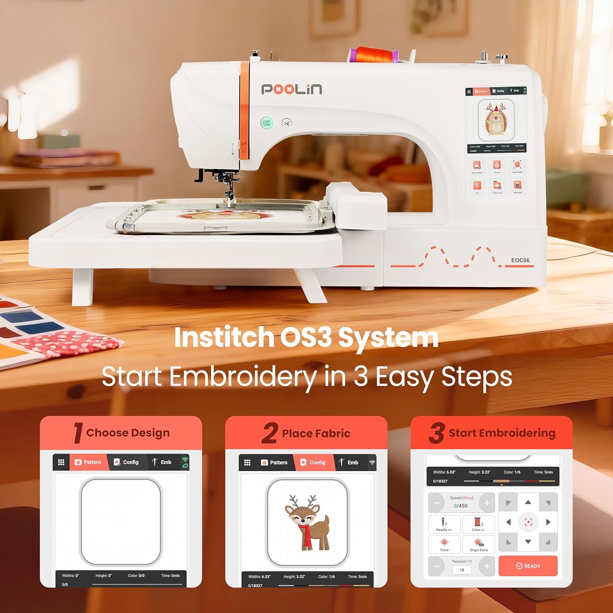 Poolin EOC06 Embroidery Machine Bundle, 7.9" x 11", 80 Colors + 144 Bobbins | 7" touchscreen, Wi-Fi design transfer, for home creators making personalized apparel, gifts, bags and décor.
