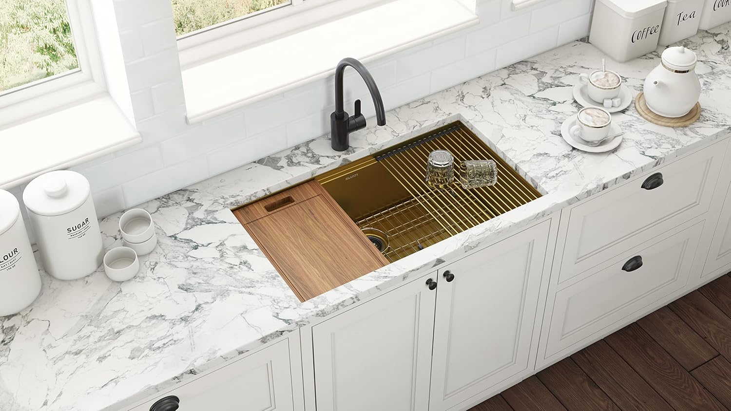 Ruvati 33 inch Workstation Satin Gold Matte Brass Stainless Steel Undermount Kitchen Sink Single Bowl - RVH6533GG