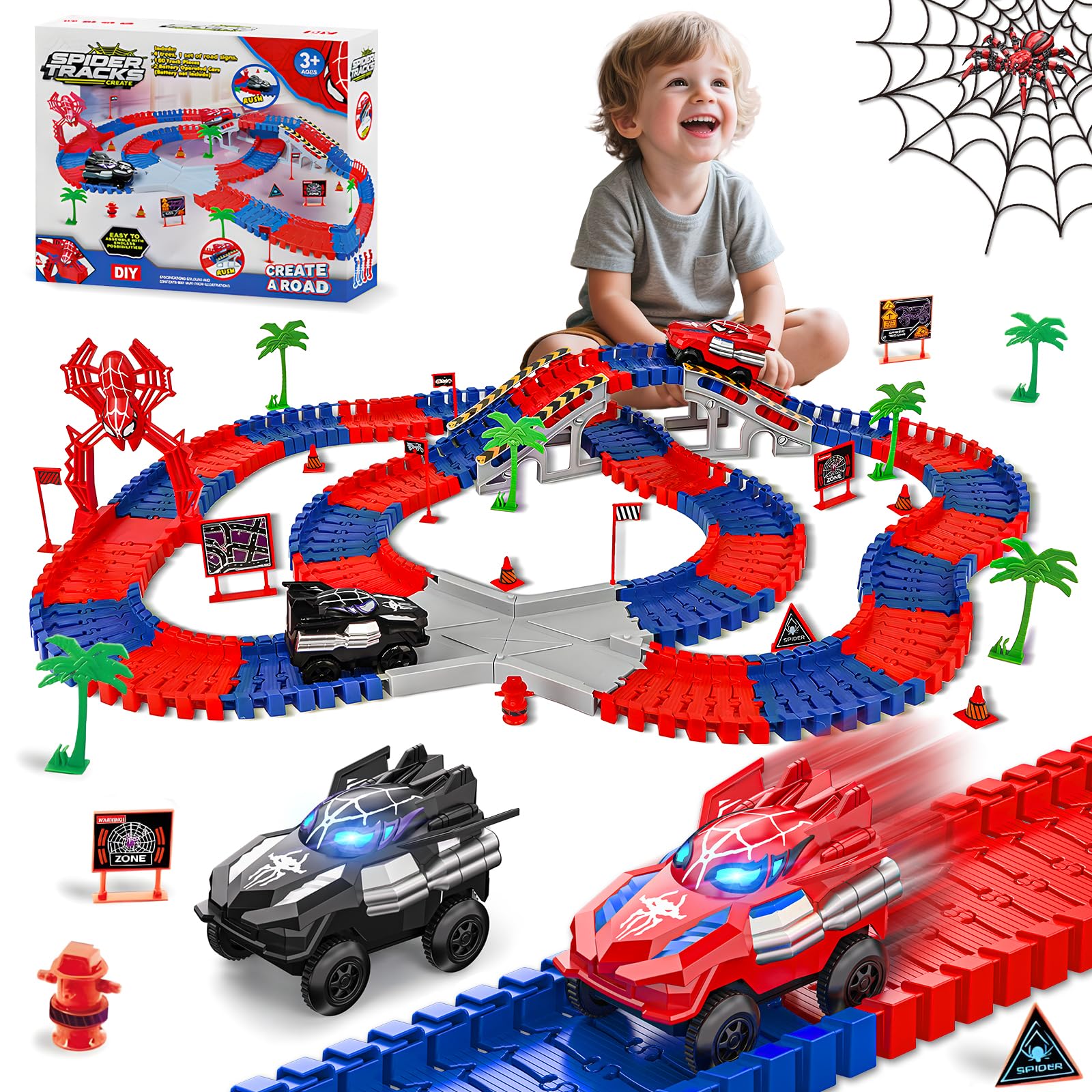 Kssvzz Spider Circuito Coches Niños 2 3 4 5 6 Años, Flexible Pista de Carros Juguete, Regalo Cumpleaños Navidad Niño Niña 2-8 Años(212 Piezas)