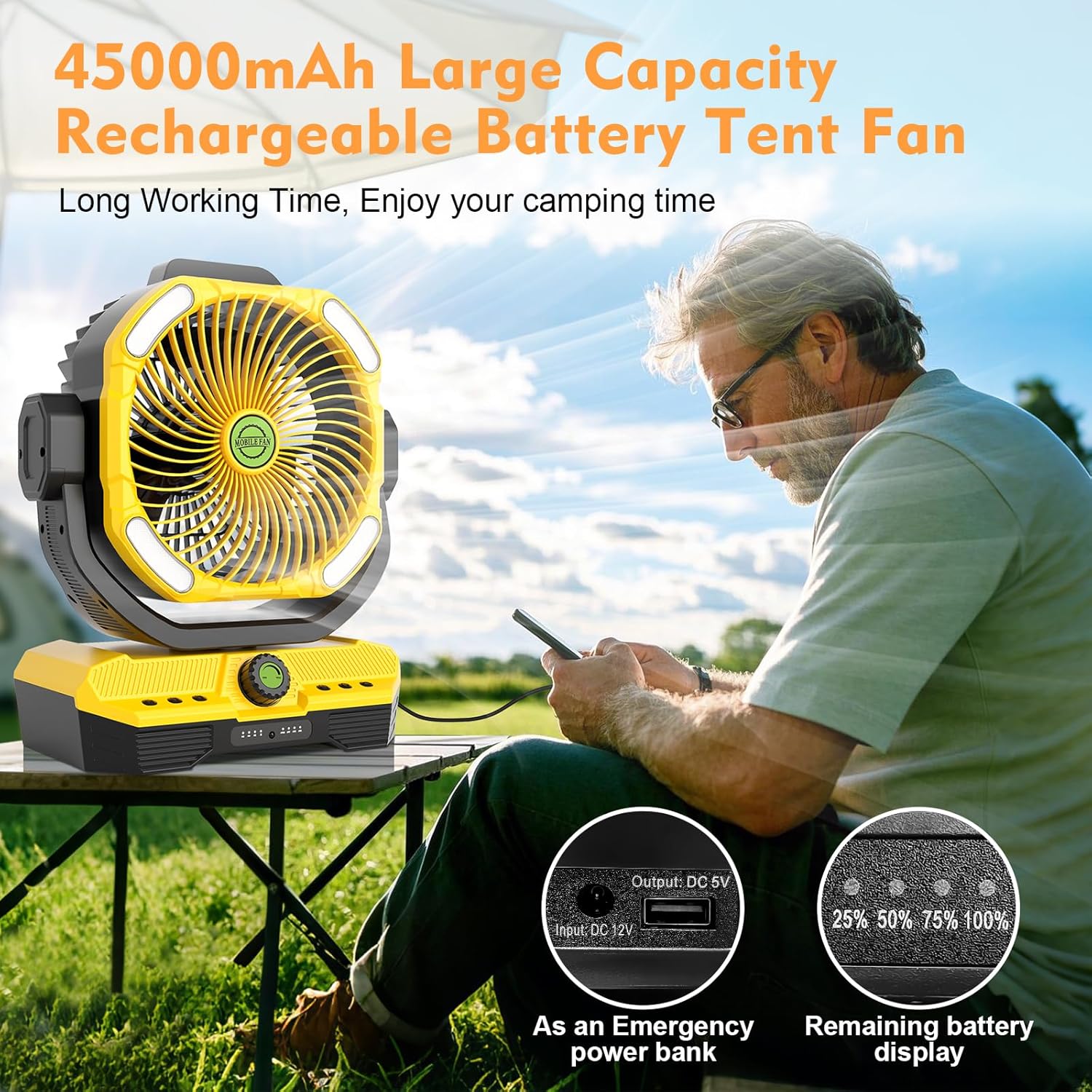RUNTOP 45000mAh Large Battery Operated Fan, High Speed Oscillating Camping Fan with Remote,Quiet Adjustable Tilt Rechargeable Fans, Battery Powered fansfor Tent Home Office, Bedroom Travel (Yellow)