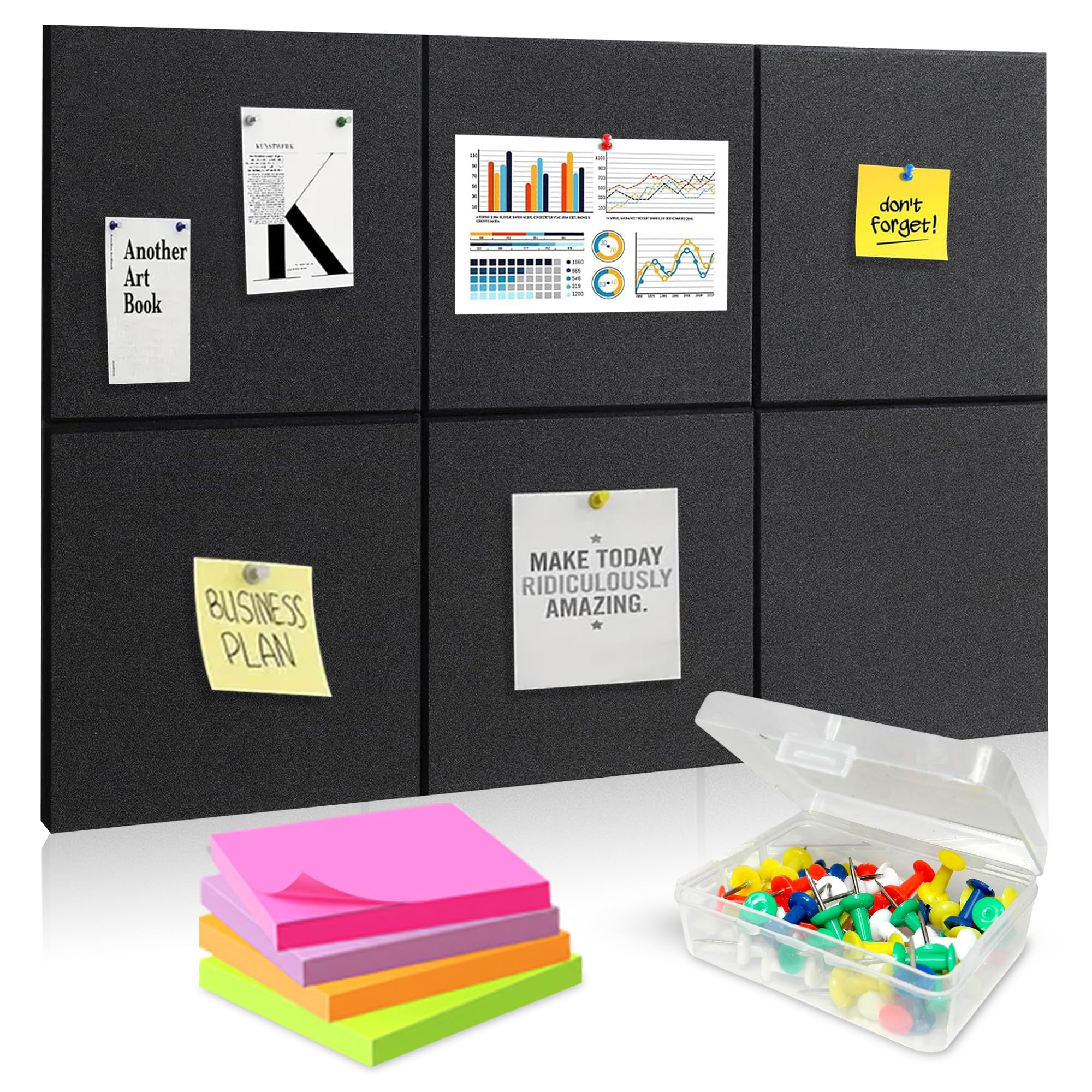 6 Pcs Black Felt Bulletin Board Tiles 30x30 cm (12x12 Inch) with 100 Push Pins & 400 Sticky Notes – Self Adhesive Notice Board for Wall, Pin Board for Home, Office, School & Study Room-image-4