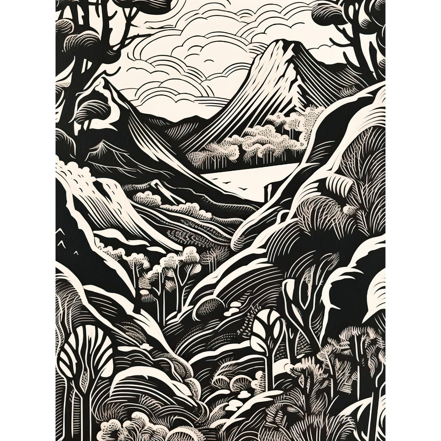 Artery8 Forest Mountain Landscape Black and White Linocut Unframed Wall Art Print Poster Home Decor Premium
