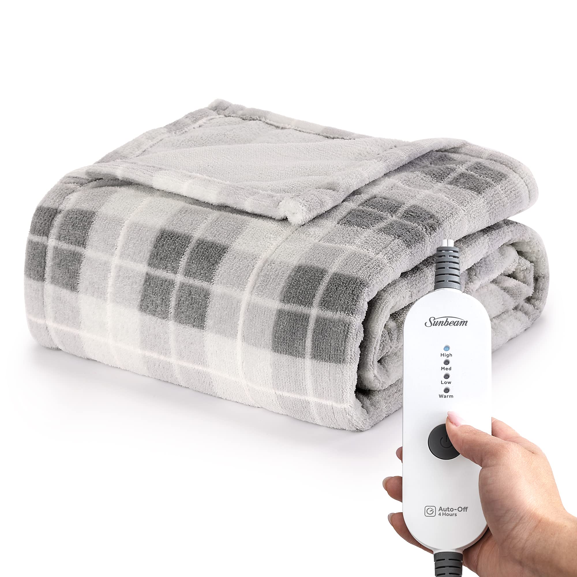 Sunbeam Royal Luxe Rodeen Plaid Grey Heated Personal Throw / Blanket, Cozy-Warm, Adjustable Heat Settings