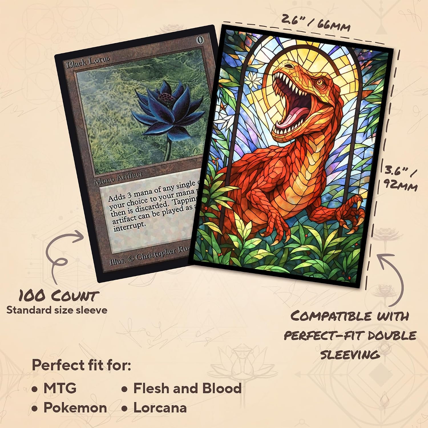 Dinosaur - Stained Glass T-Rex (Smooth) MTG Card Sleeves - 104 Count Standard Size TCG Sleeves - Compatible with Magic The Gathering - Double Sleeving - Original Art Design