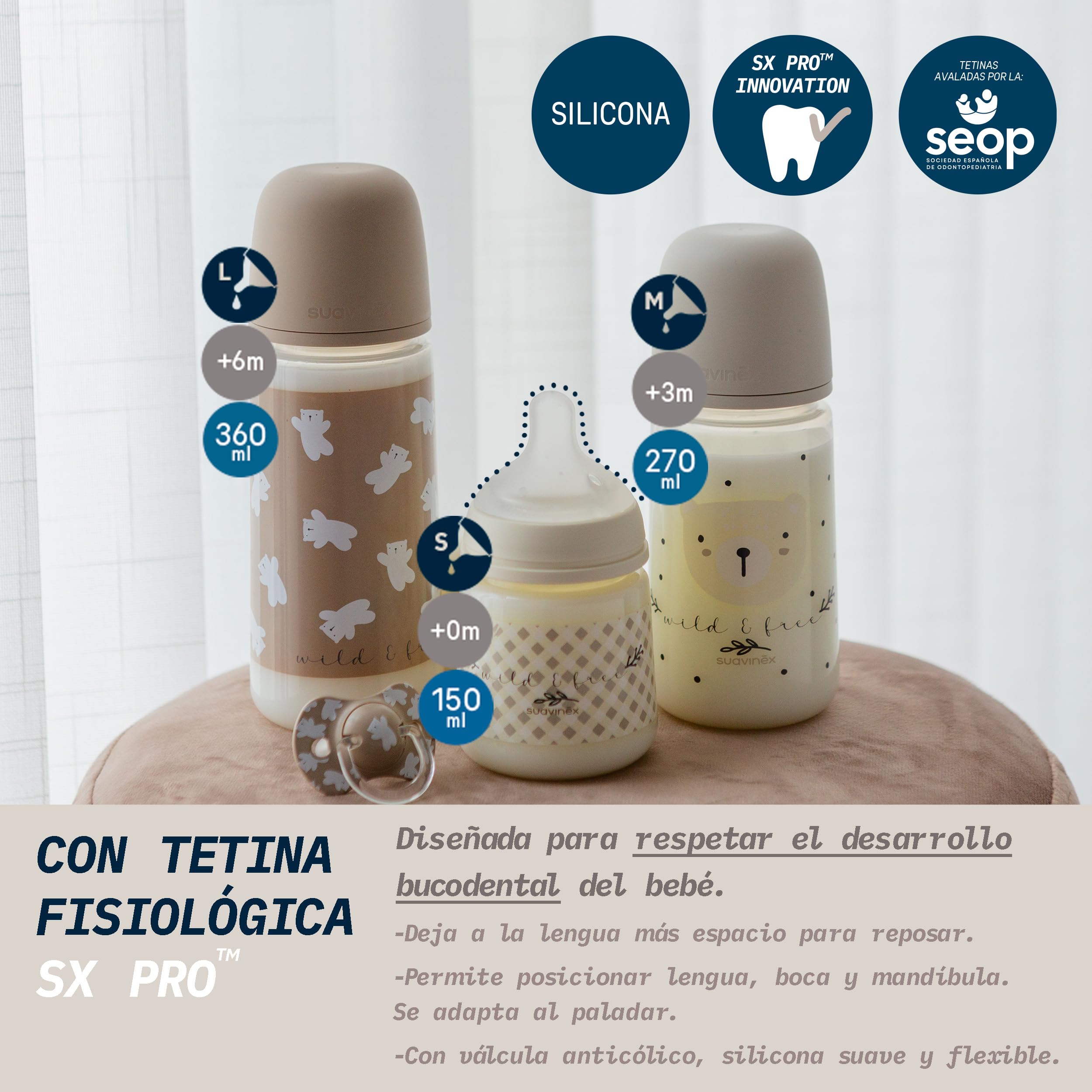 Suavinex, Confezione da 2 Biberon da 360 ml, Tettarella Fisiologica SX Pro in Silicone con Valvola Anticolica, Flusso Denso (L), Adatto per Pappa Liquida. ​​Neonati +6 Mesi. Birdies e Wild&Free, Beige