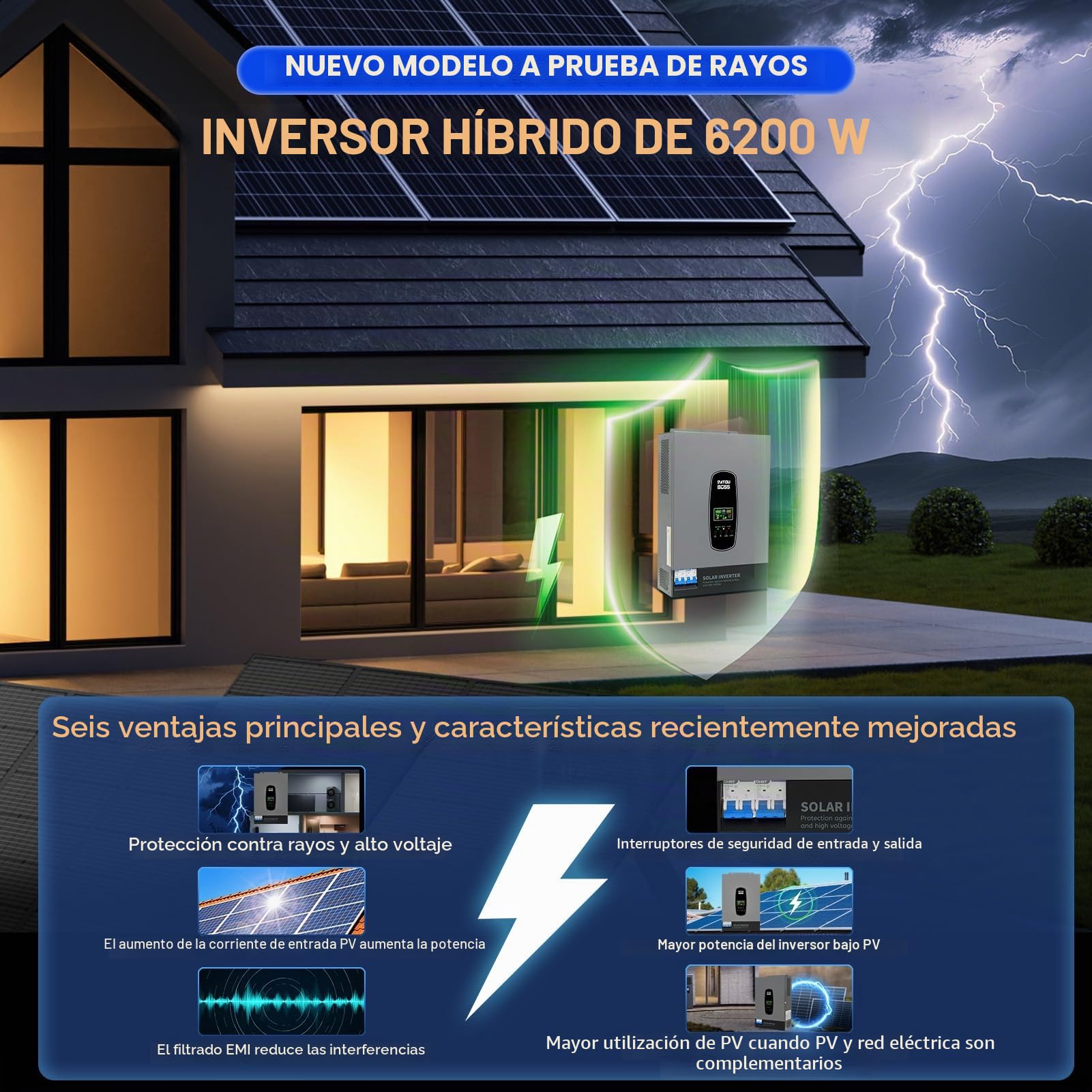 DATOUBOSS Inversor de Corriente Solar híbrido de 6000W,48V CC a 230V CA, inversor de Onda sinusoica Pura,120 A MPPT,Entrada fotovoltaica de 8000W,IP54 y admite Varias Unidades en Paralelo