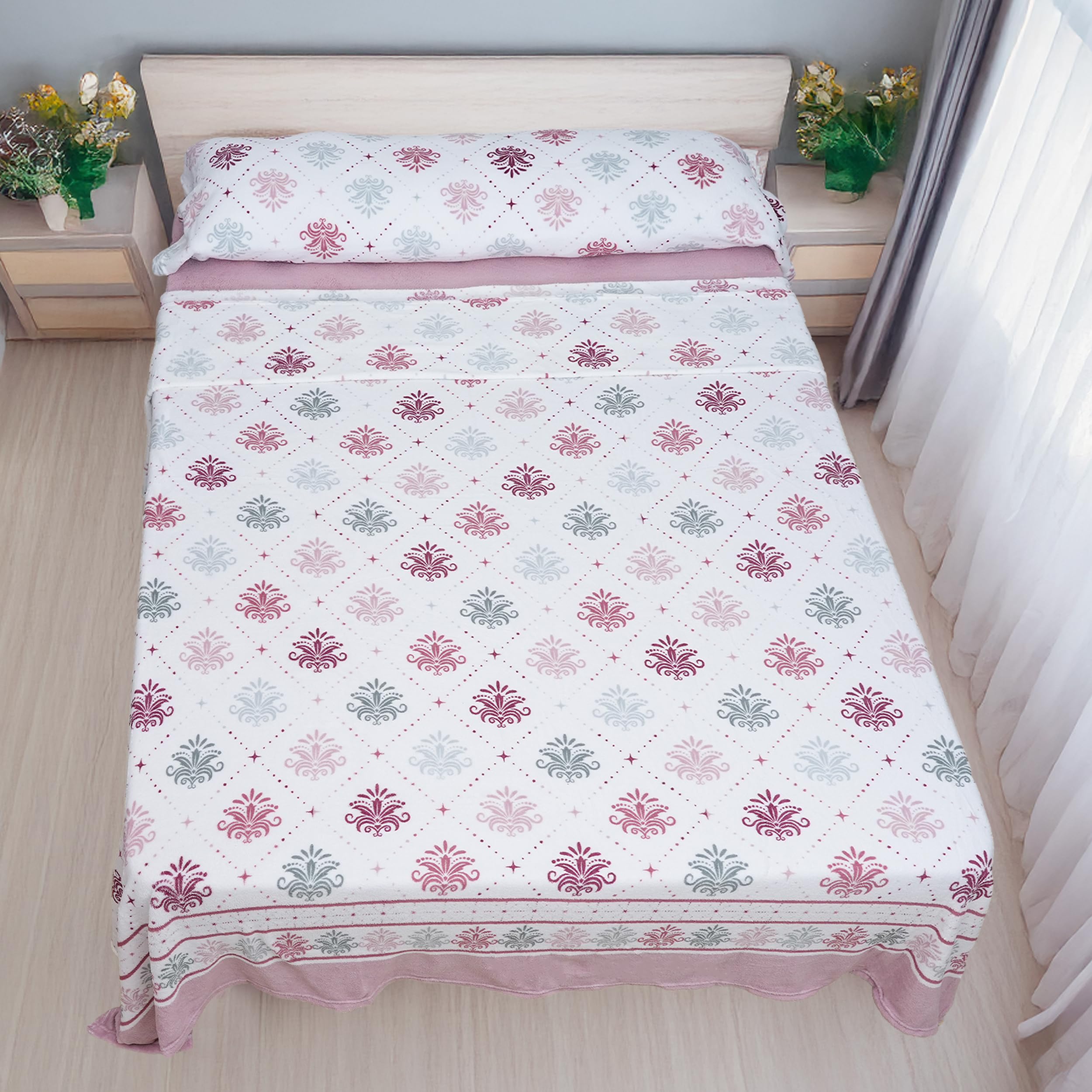 H HANSEL HOME Juego de Sábanas de Coralina Térmicas para Invierno - Cama 150, 3 Piezas: Funda de Almohada, Bajera Ajustable y Encimera - Suaves y Calentitas, Rosa Floral