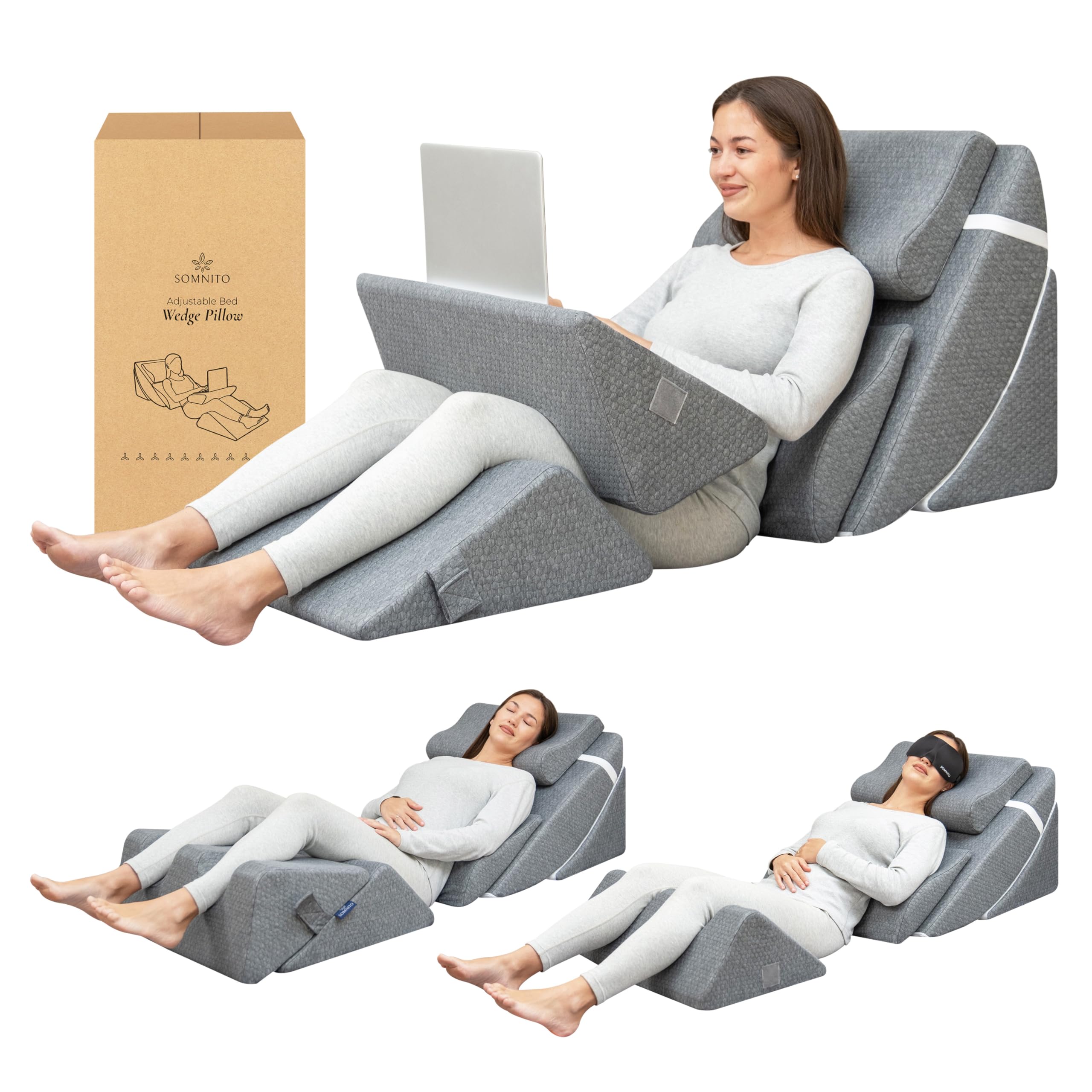 SOMNITO 6pc Adjustable Orthopedic Wedge Pillow Set – Relieve Acid Reflux, Snoring, Back Pain & Post-Surgery Discomfort (Grey)