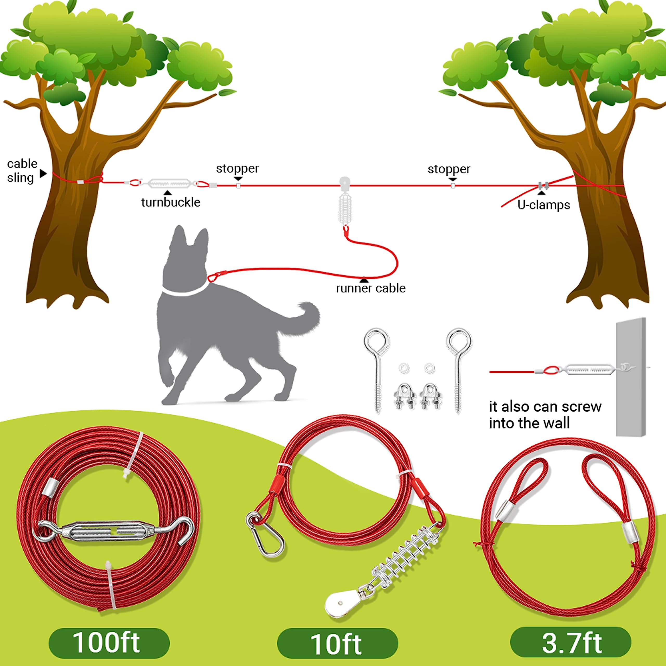 Câble d'attache pour chien – Câble pour chien de 30,5 m de long avec câble de course de 3 m pour l'entraînement dans la cour, course, camping, randonnée en extérieur – Laisse robuste anti-mastication