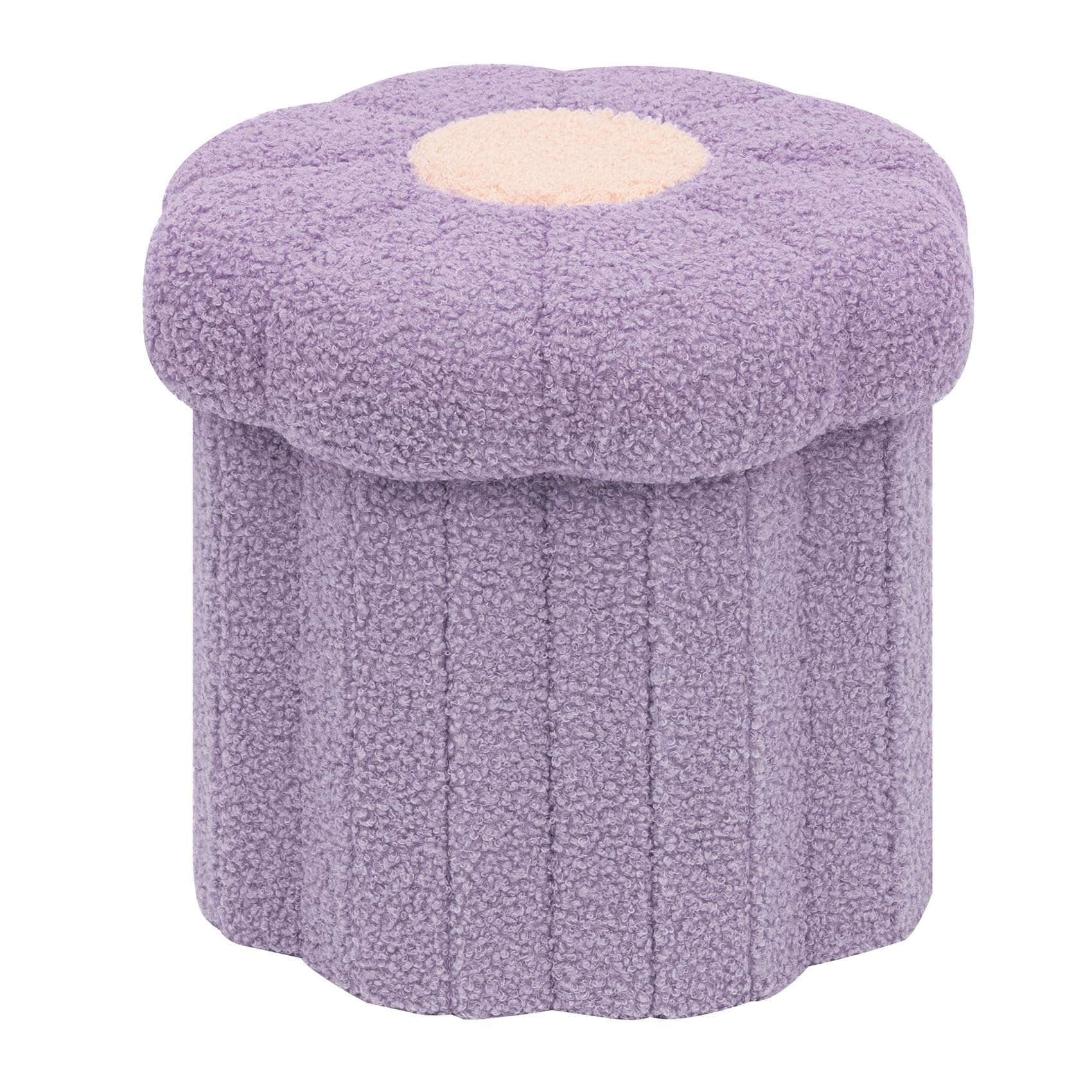 PINPLUS Small Folding Storage Ottoman with Lid, 32x32x29cm, Sunflower Design Soft Teddy Fleece, Footrest Storage Box for Living Room, Bedroom, Entryway, Purple