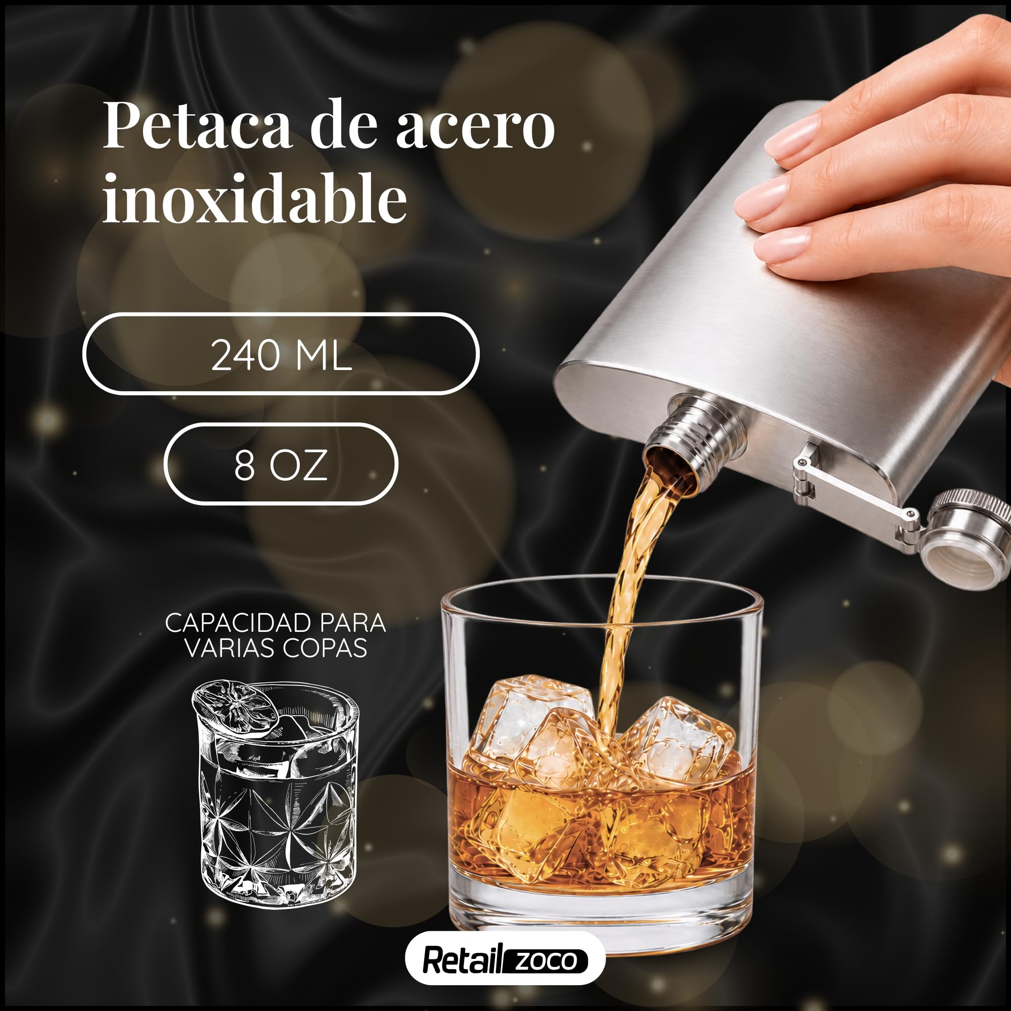 Petaca de acero, Frasco de licor, Petacas de Alcohol, Cantimplora de licor, Licorera portátil, Petaca de viaje, 9.5 cm x 13.5 cm, Capacidad 240 ml, Acero inoxidable - imagen 2