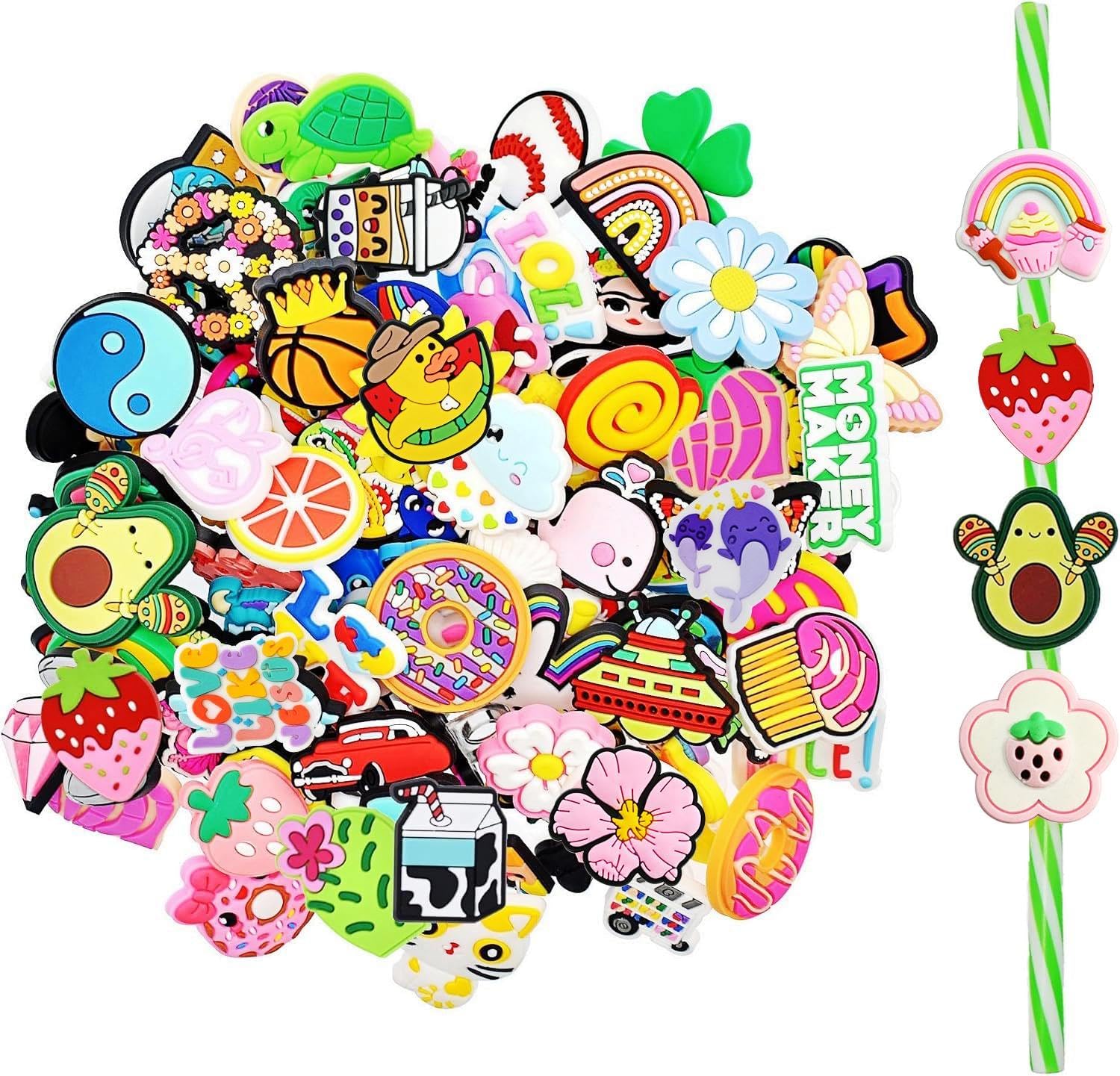 Gibleitz Bulk Straw Topper Random Different 50Pack Straw Charms for Tumbler Straws Cute Colorful PVC Decorative Straw Toppers for 0.23in-0.31inch Reusable Straws Party Favor
