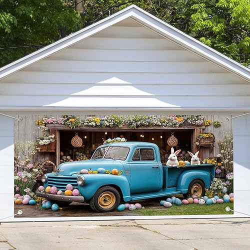 16X7FT Easter Garage Door Banner Cover Decorations Vintage Blue Truck Funny Rabb