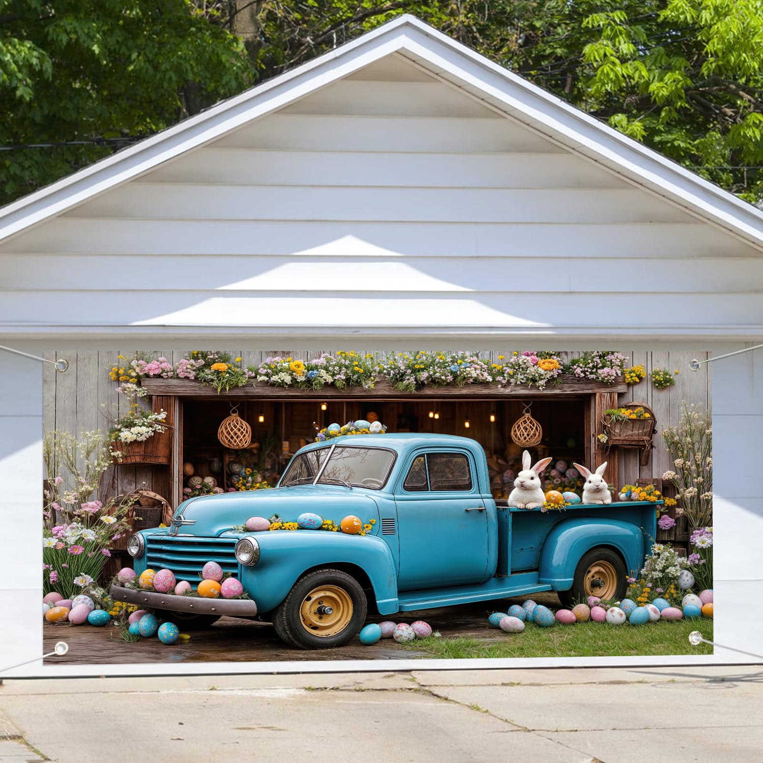 Bannière de porte de garage de Pâques 4,6x2,1m décor vintage bleu