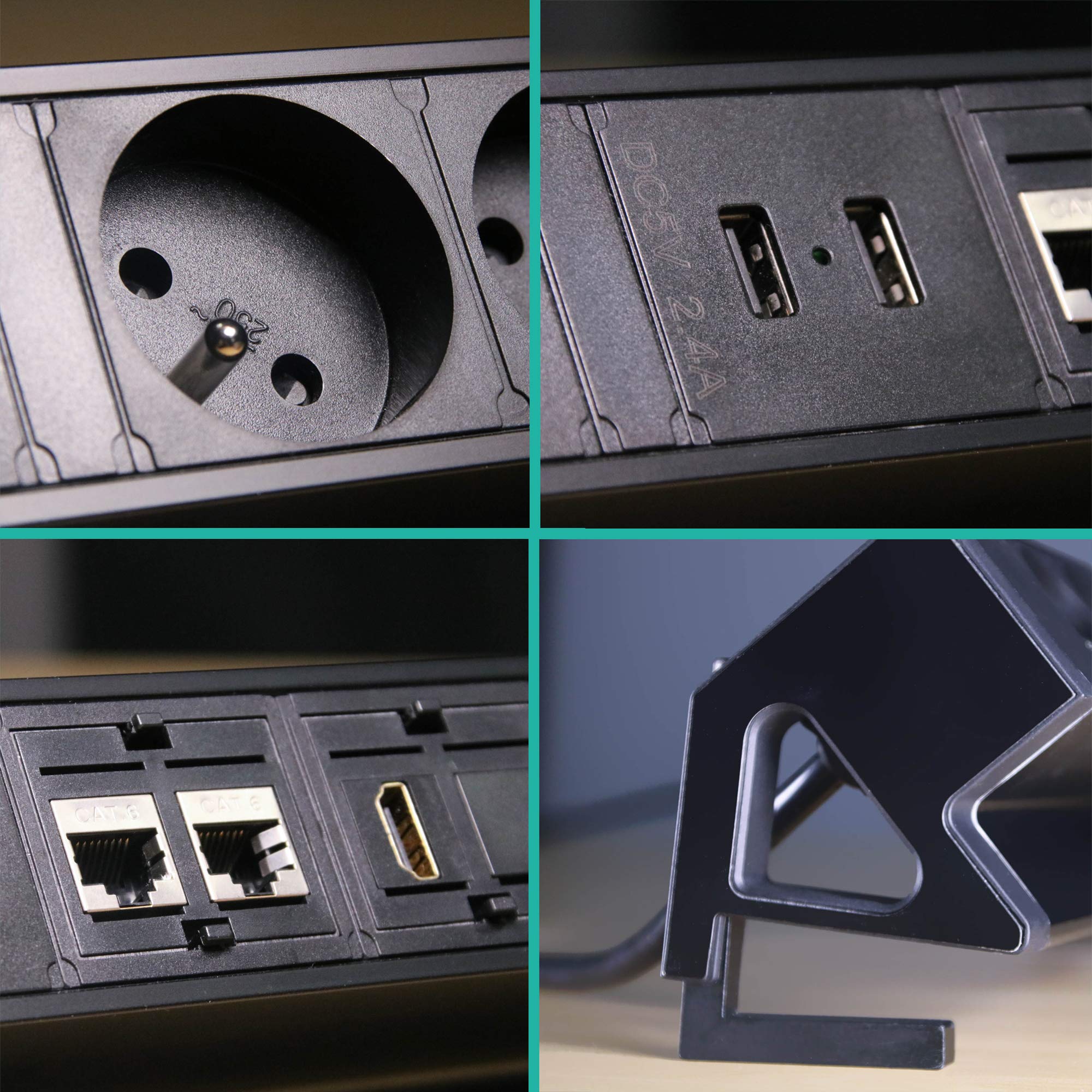 Bloc Prise pour Bureau, multiprise 3 Prises, 2 USB, 2 RJ45, HDMI, Prise Plan de Travail, Protection en métal Contre Les surtensions, 1,5 m câble pour Bureau, Atelier, Cuisine EL4103URH-FR