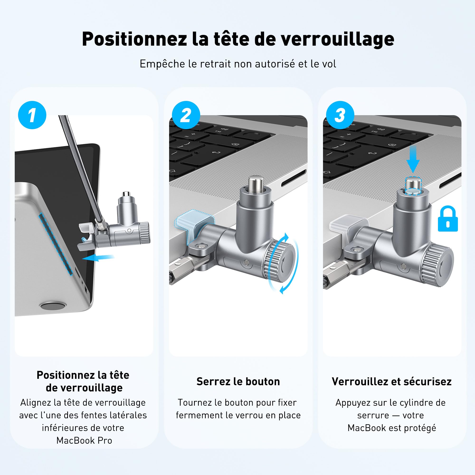 AboveTEK Câble de verrouillage pour ordinateur portable MacBook Pro 14/16 (2021–2024), verrou de sécurité antivol à clé pour ordinateur portable, câble de verrouillage d'ordinateur en acier résistant
