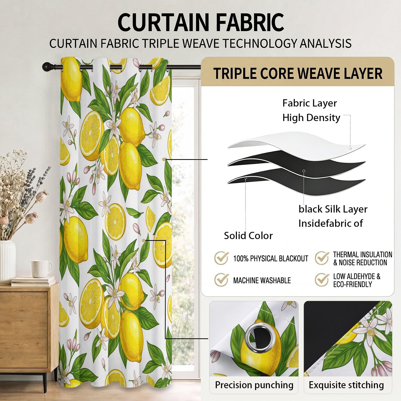 Generisch Verdunkelungsvorhänge mit Aquarell Früchte Zitrone Blumen Blätter Print, Cartoon Natur Vorhänge für Wohnzimmer Schlafzimmer, Schalldicht Wärmeisolierend Gelb Vorhang, H140 x B90 cm x 2