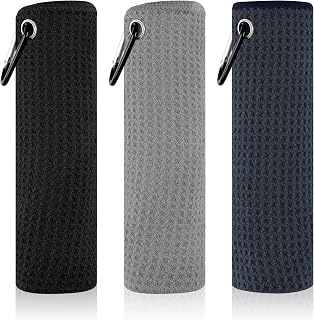 PEASUG 3 Pack Golf Towels (16" x 16"), Absorbent Waffle Pattern Golf Towel for Golf Bag, Tri-Fold Portable Microfiber Golf Towels for Men & Women with Carabiner Clip, Gray/Navy Blue/Black