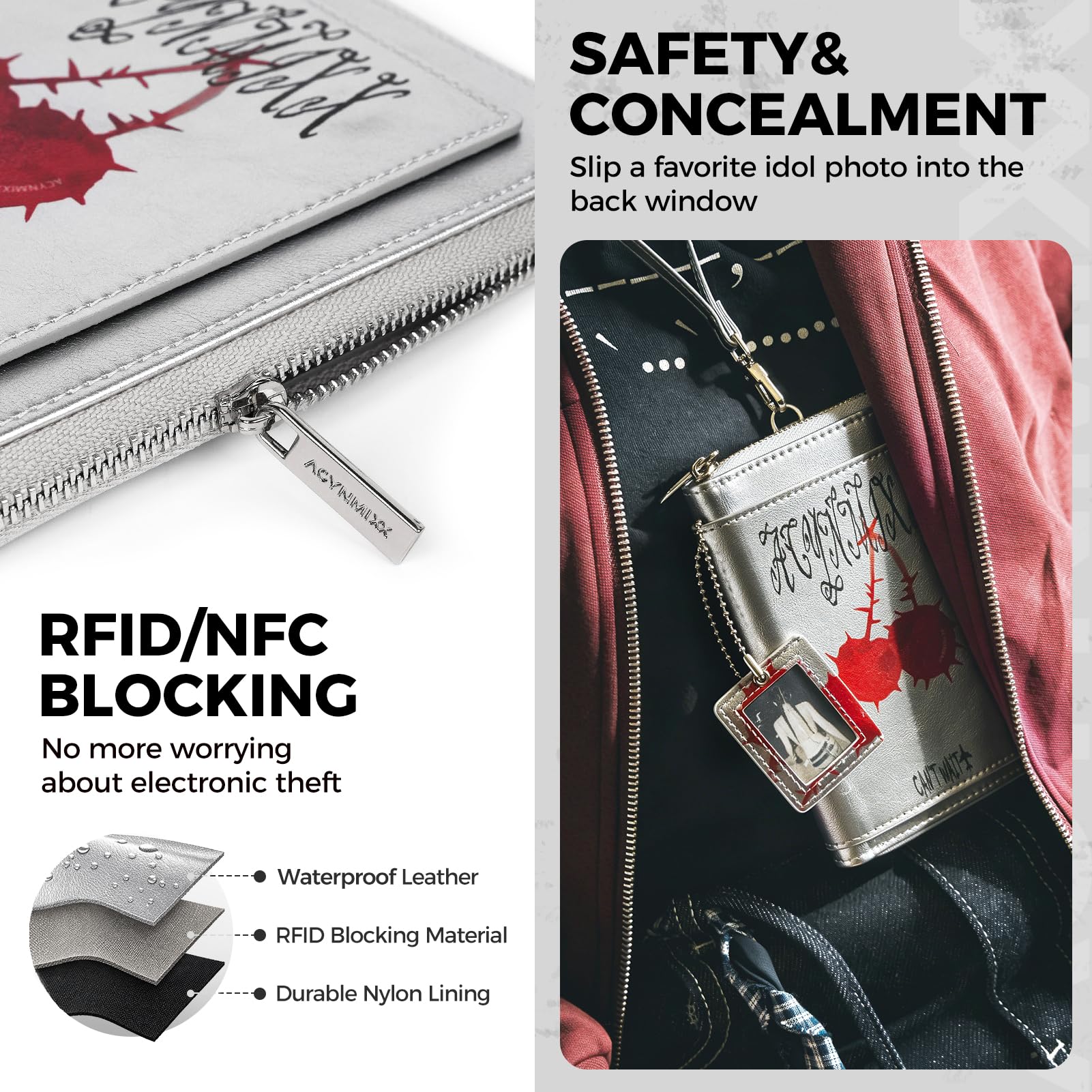 Portafoglio per passaporto in pelle con cordino staccabile RFID blocco passaporto con cerniera organizer per documenti da viaggio per donne, Argento, Dolce & Edgy
