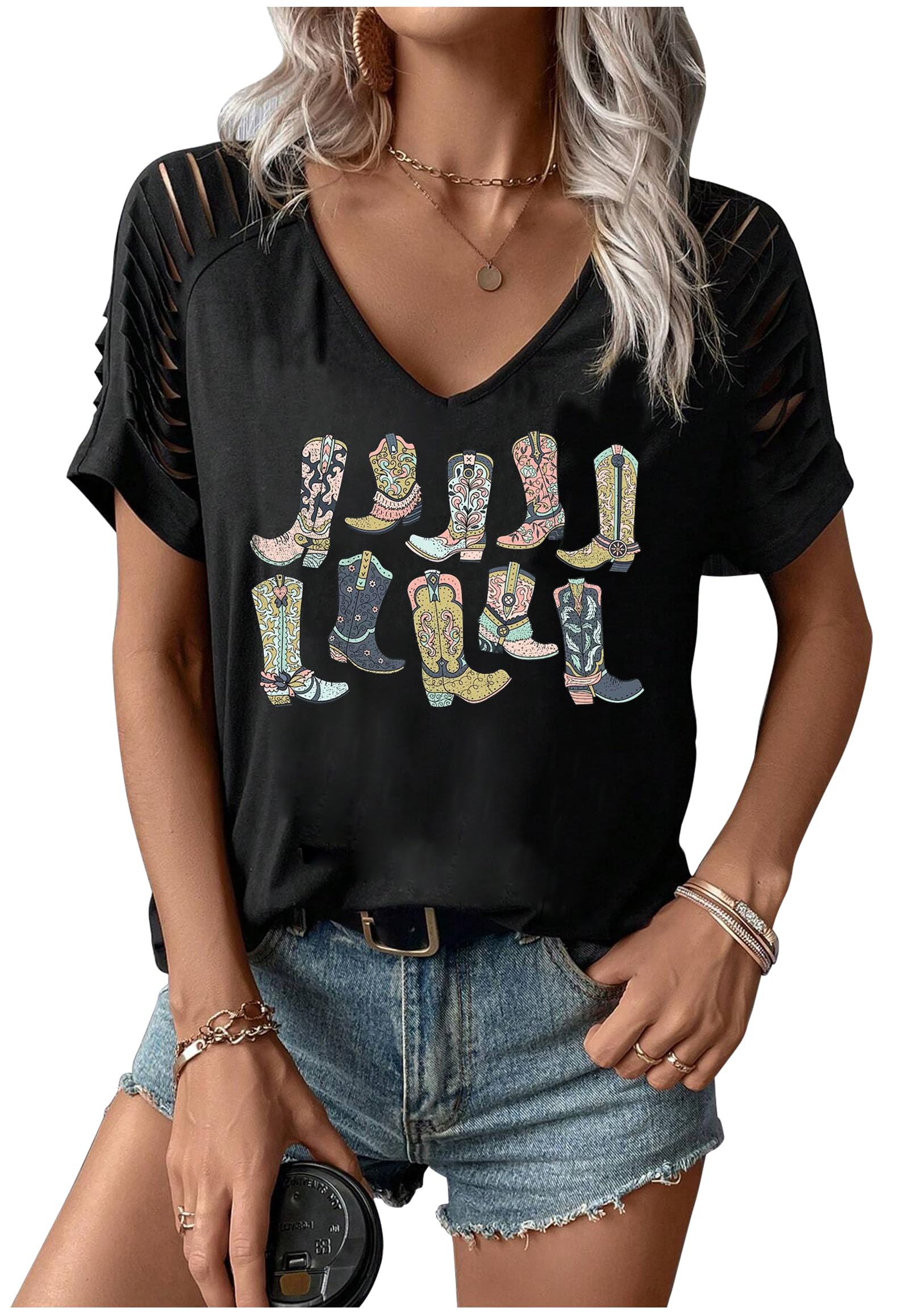 Womens Cut Out Cold Shoulder T Shirts Boho Floral Graphic Tshirts Nashville Country Lacerated Sleeve Cowgirls Tee Tops