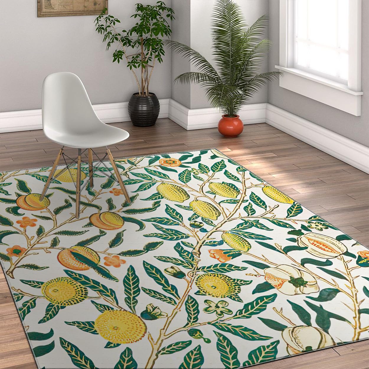 Dywan 140 x 200 do obszaru botaniczna cytryna miękka zmywalna mata do salonu wnętrze antypoślizgowe żółte liście cytrusowe zielone tło obszar nadruku jadalnia dom przedszkolny