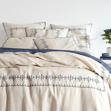 Pine Cone Hill Cross-Stitch Linen Navy Graphic Linen Duvet Cover, King