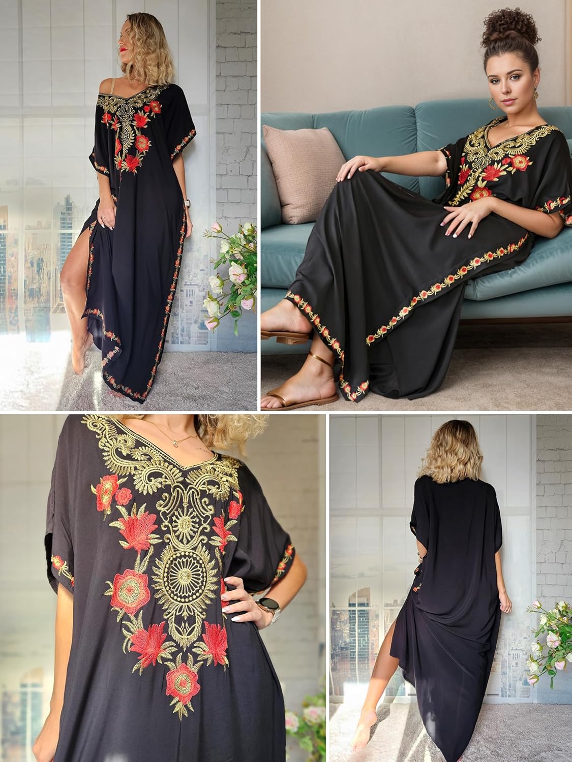 EDOLYNSA Moroccan Kaftan Dresses for Women Plus Size Caftans Loungewear Embroidered Beach Kaftan Cover up mumu House Dress - Image 3