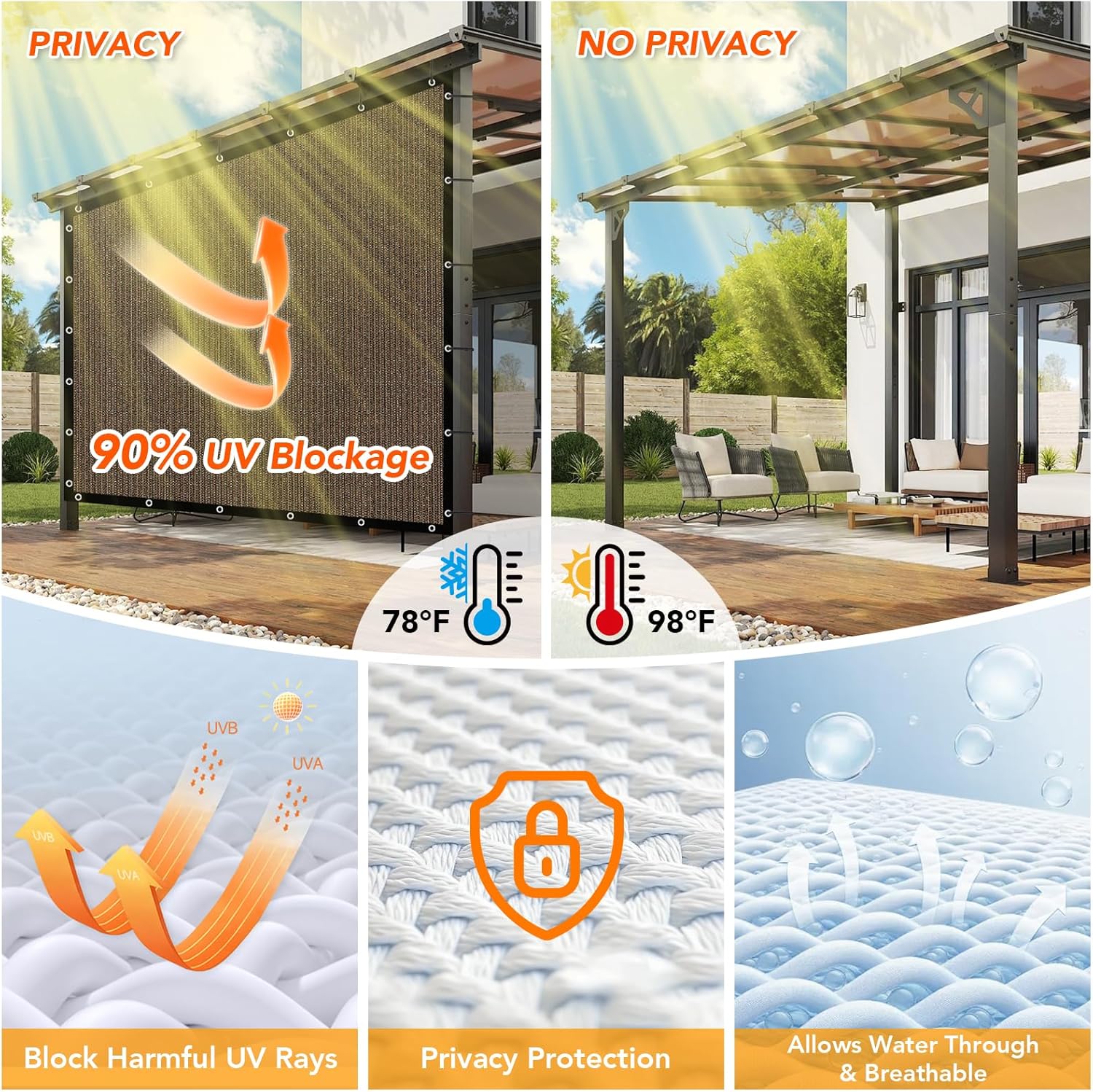 KANAGAWA 90% Sun Shade Cloth 6'X 12' Mocha Pergola Shade Cover Canopy with Grommets Shade Tarp Sun Shades Outdoor Patio for Porch Pergola & Carport Use