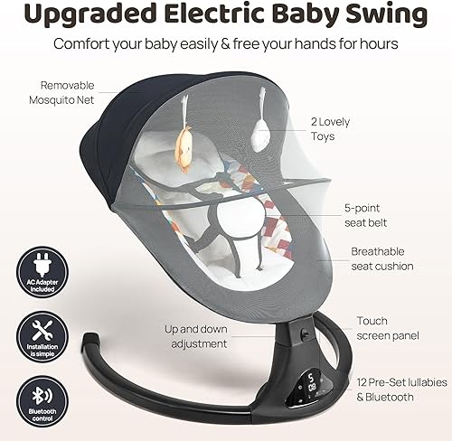 Miniatura 2 de Columpio de bebé para bebés, modernos columpios para bebés con Bluetooth y control remoto, 5 movimientos de velocidad, 12 sonidos relajantes,
