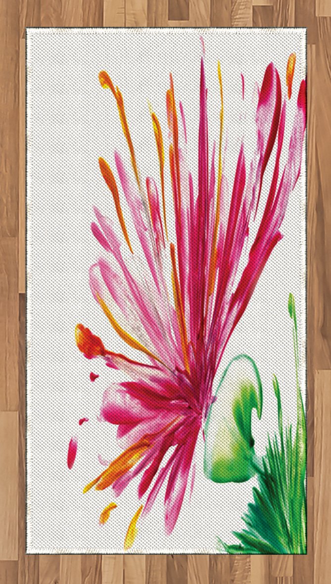 AmbesonneWatercolor Flower Area Rug, Opened Out Asiatic Oriental Lily Freesia Florets Work of Art Print, Flat Woven Accent Rug for Living Room Bedroom Dining Room, 2' 6" x 5', Fuchsia Green