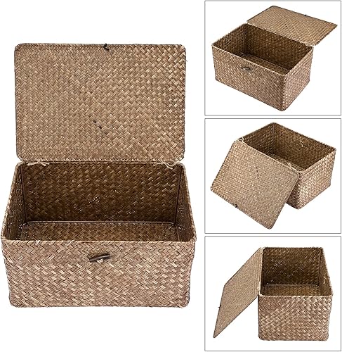 Miniatura 3 de Hipiwe Cestas de Estante de Mimbre con Tapa, Cestas de Almacenamiento de Seagrass Tejidas a Mano, Cestas Rectangulares Domésticas para Estante,