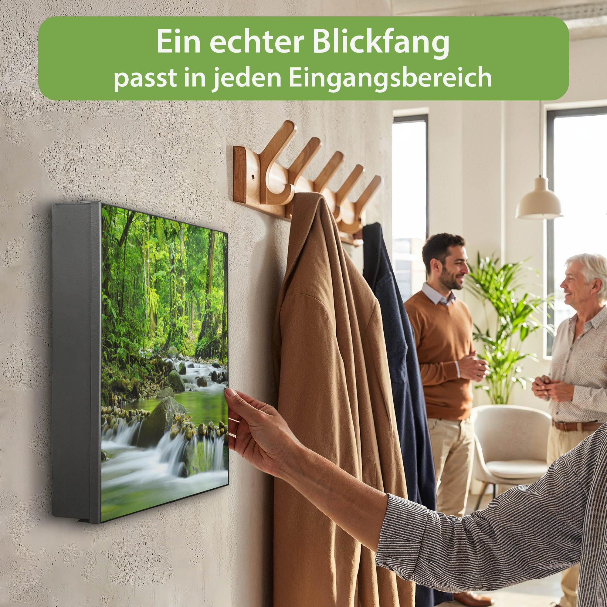 banjado Großer Schlüsselkasten Metall - Schlüsselbox 30x30cm beschreibbarer mit 32 Haken - Schlüsselkasten modern für Schlüsselaufbewahrung - Korpus Schwarz Scharnier Links - Motiv Rauschender Bach