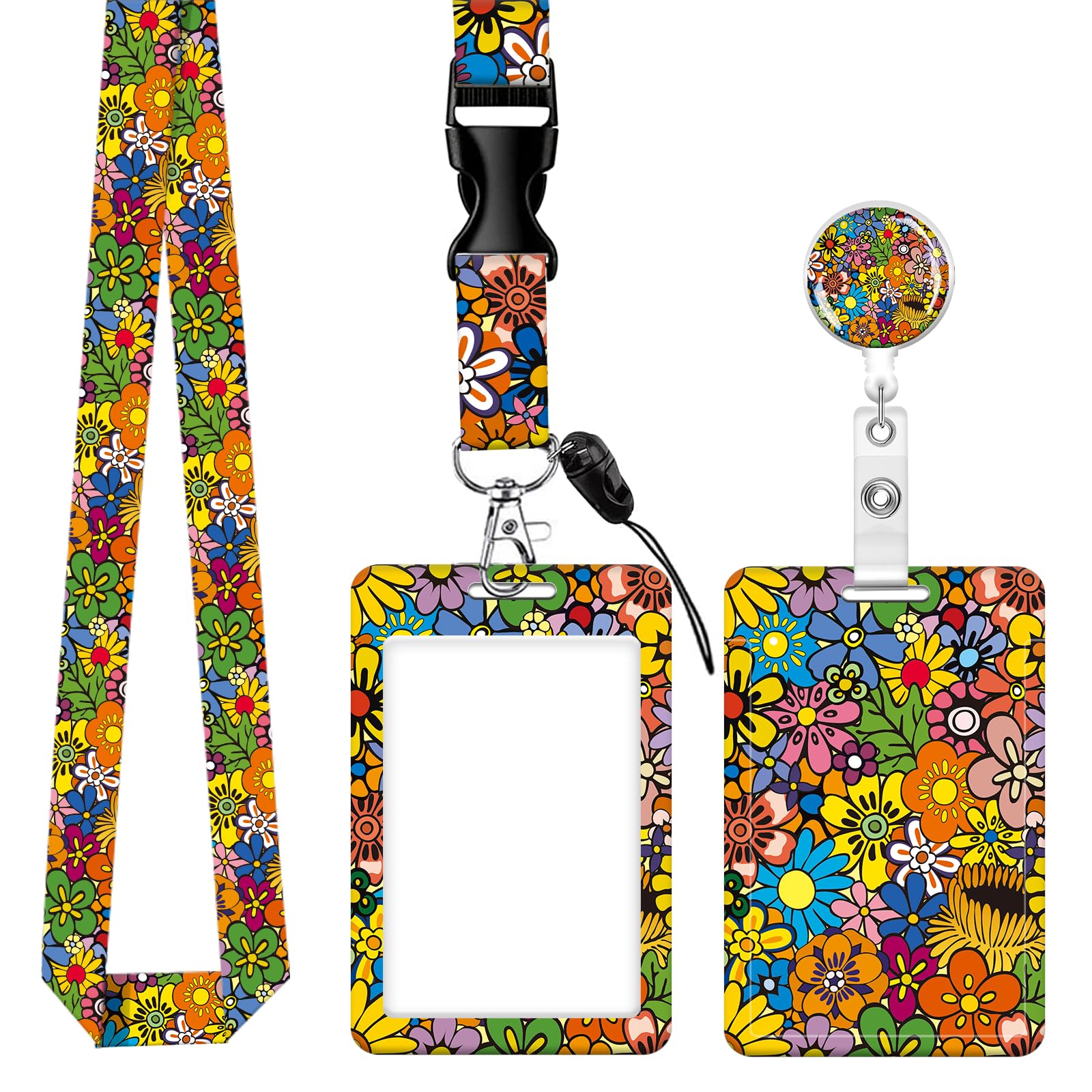 ID Badge Holder with Lanyard, Retractable Badge Holders Reels with Lanyards Adjustable, for Women Kids Teacher Nurses Doctor Student(Cute Cartoon Flower)