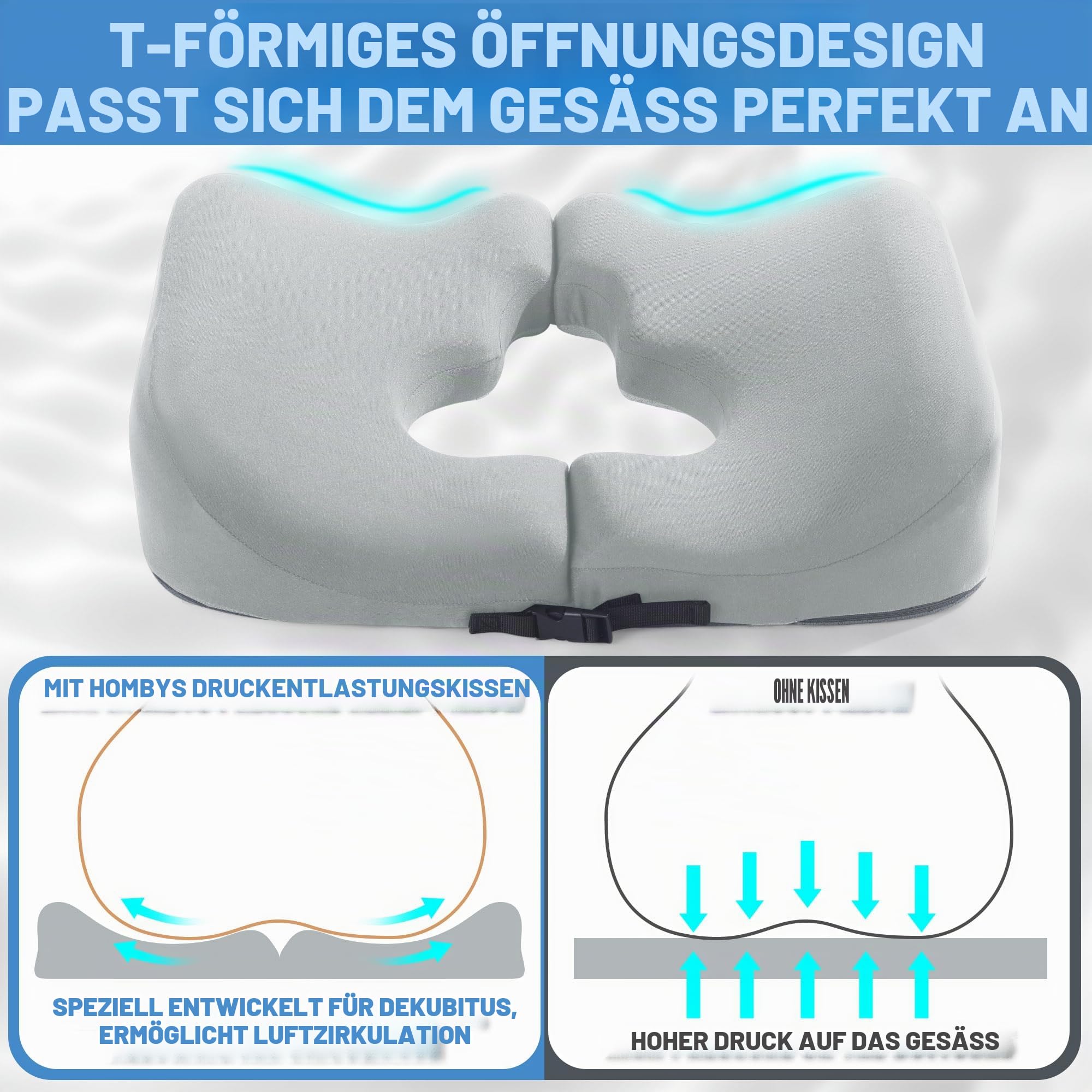 HOMBYS Kissen aus Memory-Schaum für den Hintern, Dekubitus-Druckentlastungskissen zum Schlafen und Sitzen, Kissen für Wundliegen am Gesäß, T-förmiges Steißbeinkissen, zum Patent angemeldet (Hellgrau)