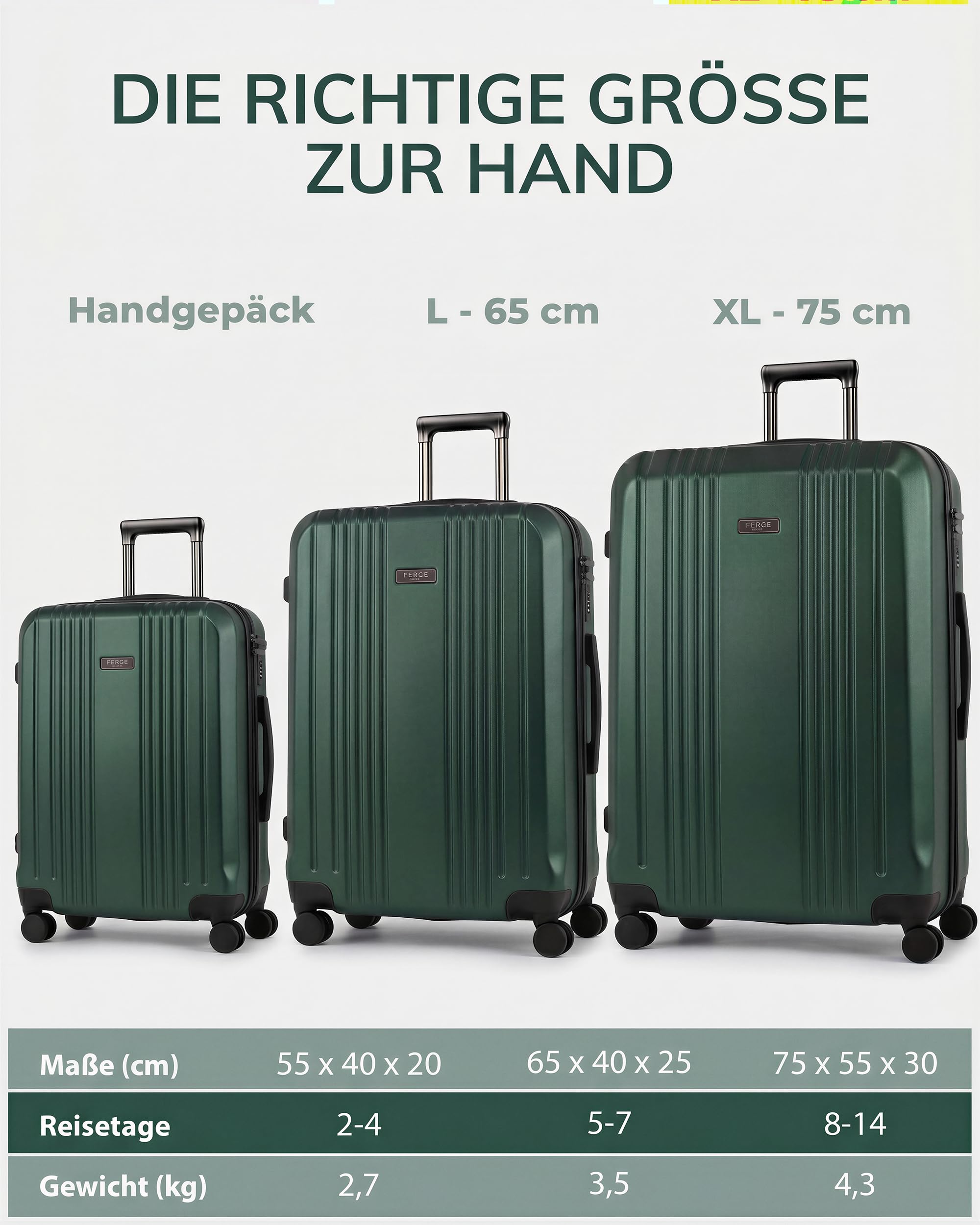 FERGÉ Cannes - Set di 3 valigie rigide, bagaglio a mano da 55 cm, L e XL, 4 ruote, 100% ABS e PC, verde, 3er Set, Set di valigie
