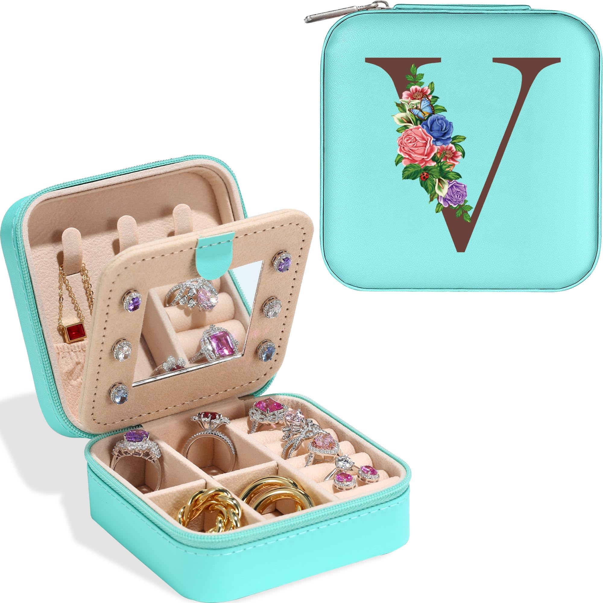 Yesteel Travel Jewelry Case Jewelry Travel Organizer Jewelry Organizer Stand Travel Jewelry Case Organizer Jewelry Organizer Box, Birthday Gifts for Women Mom Grandma Initial V