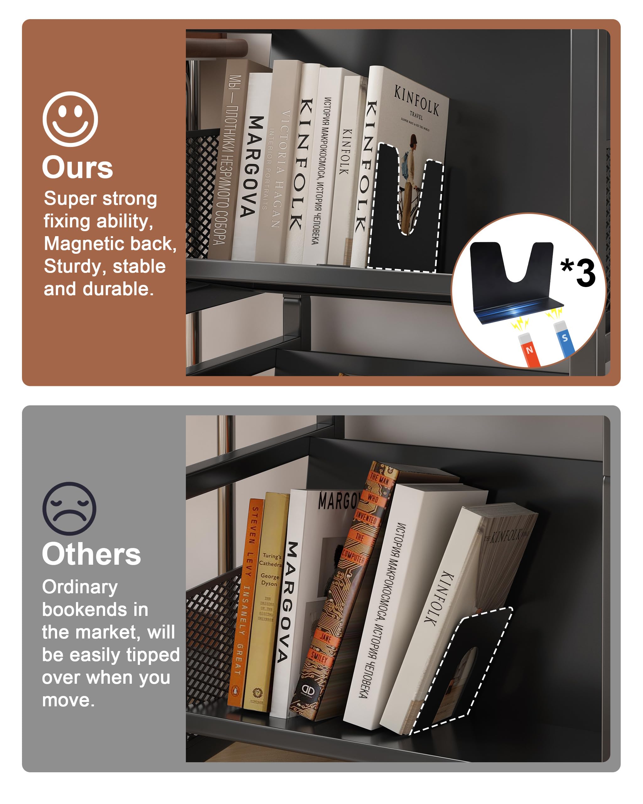 Carrello per Libri con Ruote,Carrello Da Biblioteca con Portata 70kg con Maniglia,Ripiani Piatti a Forma Di L su Un Lato,per Casa,Scuola,con 3 Supporti Magnetici per Libri - Nero